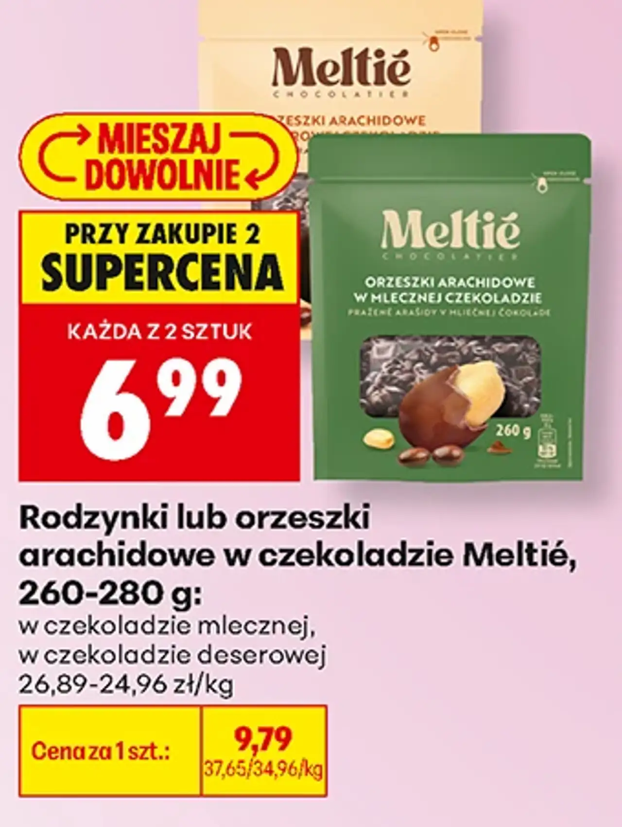 Rodzynki lub orzeszki arachidowe w czekoladzie Meltie