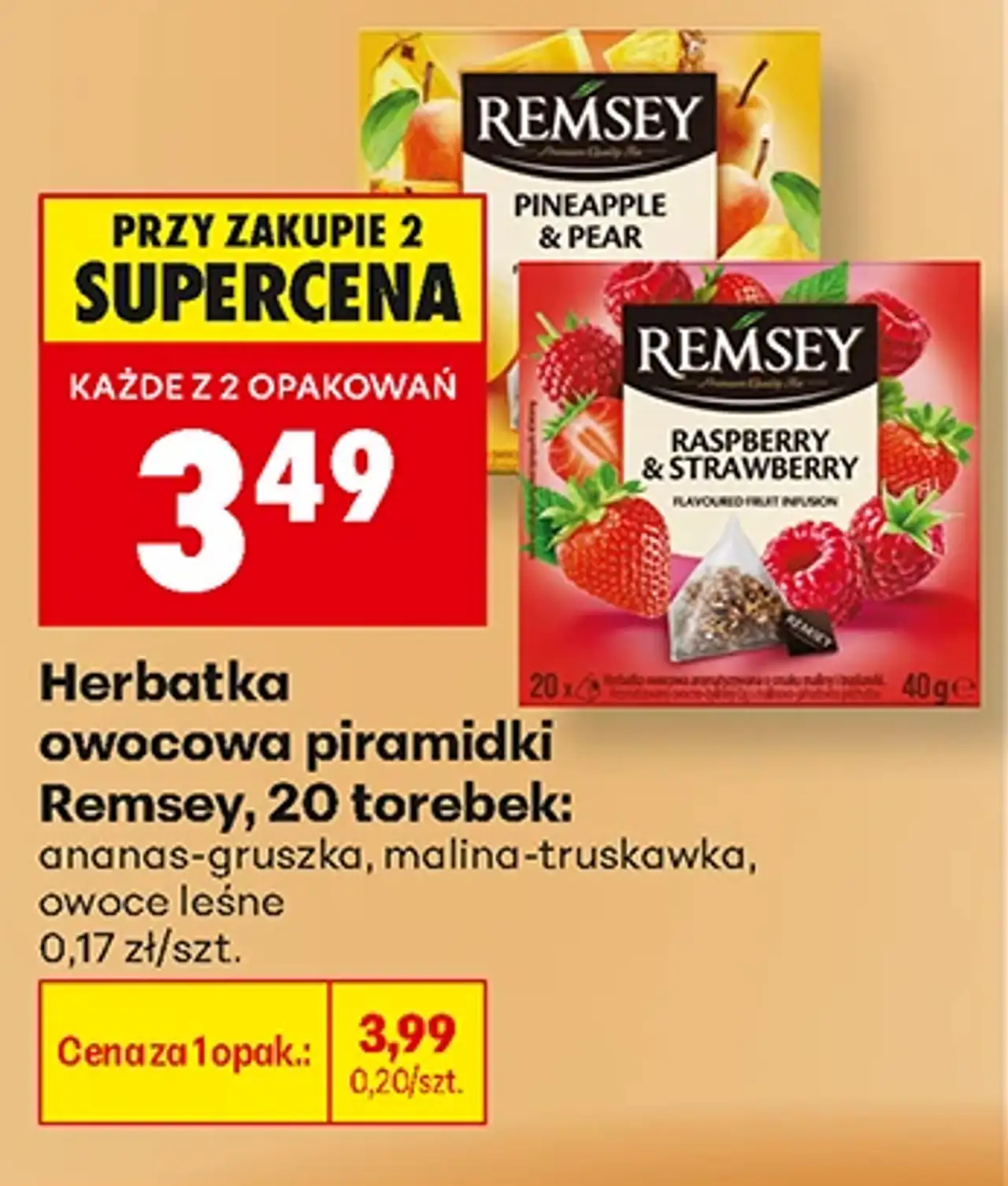 Herbatka owocowa piramidki Remsey, 20 torebek: ananas-gruszka, malina-truskawka, owoce leśne