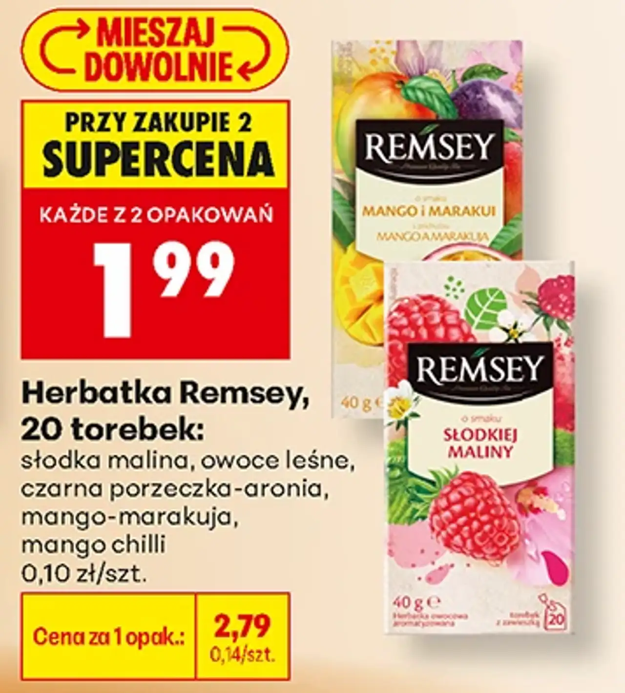 Herbatka Remsey, 20 torebek: słodka malina, owoce leśne, czarna porzeczka-aronia, mango-marakuja, mango chilli