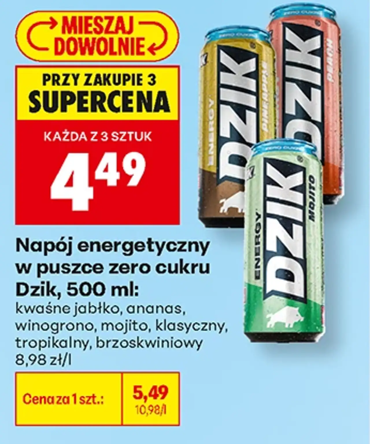 Napój energetyczny w puszce zero cukru Dzik, 500 ml