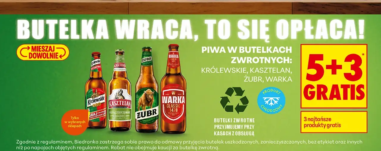Piwa w butelkach zwrotnych: Królewskie, Kasztelan, Żubr, Warka