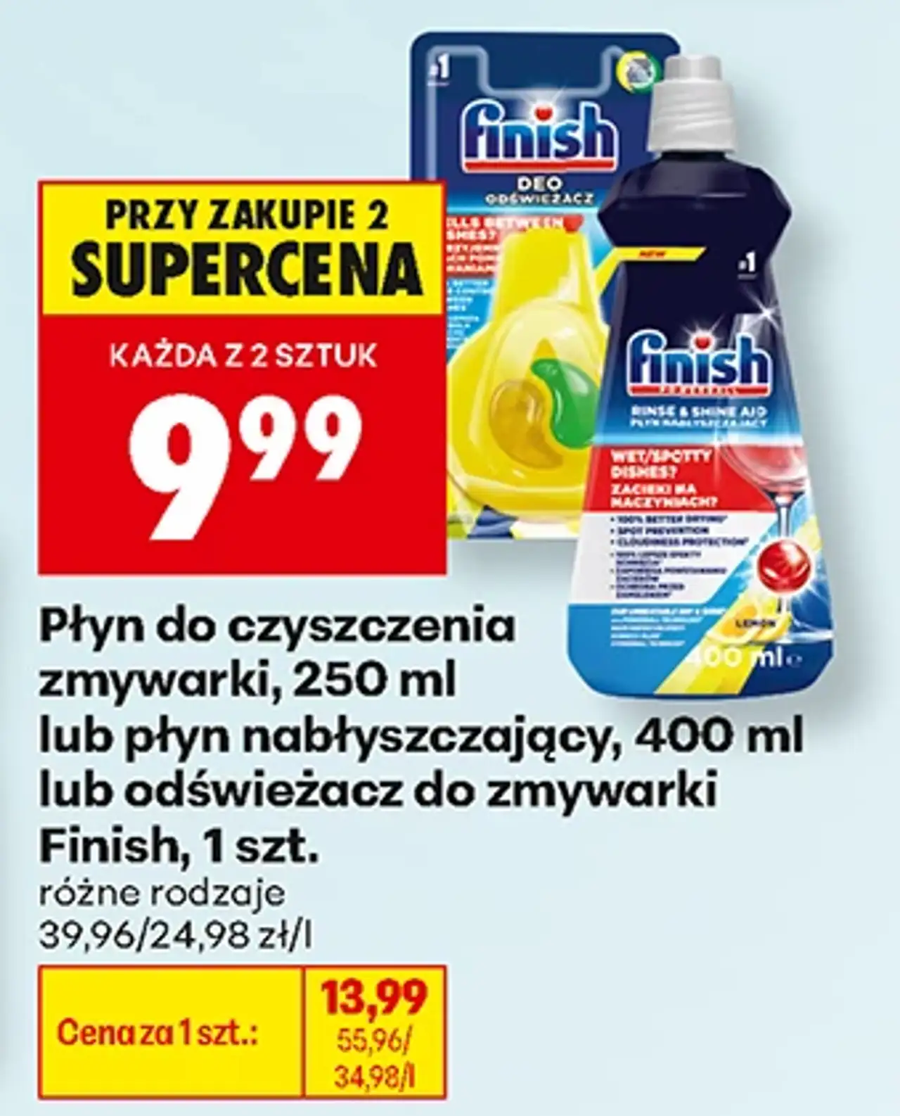 Płyn do czyszczenia zmywarki, płyn nabłyszczający lub odświeżacz Finish