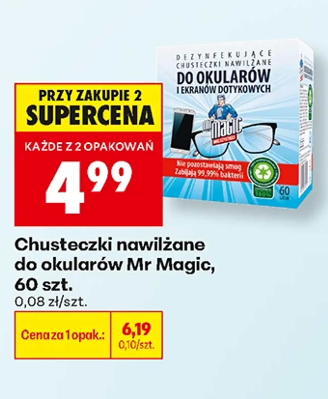 Chusteczki nawilżane do okularów Mr Magic, 60 szt.