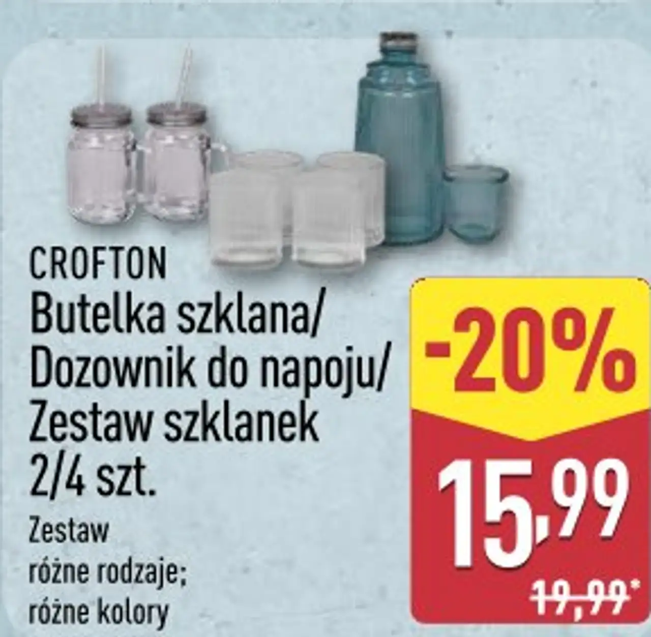 CROFTON Butelka szklana/Dozownik do napoju/Zestaw szklanek 2/4 szt.