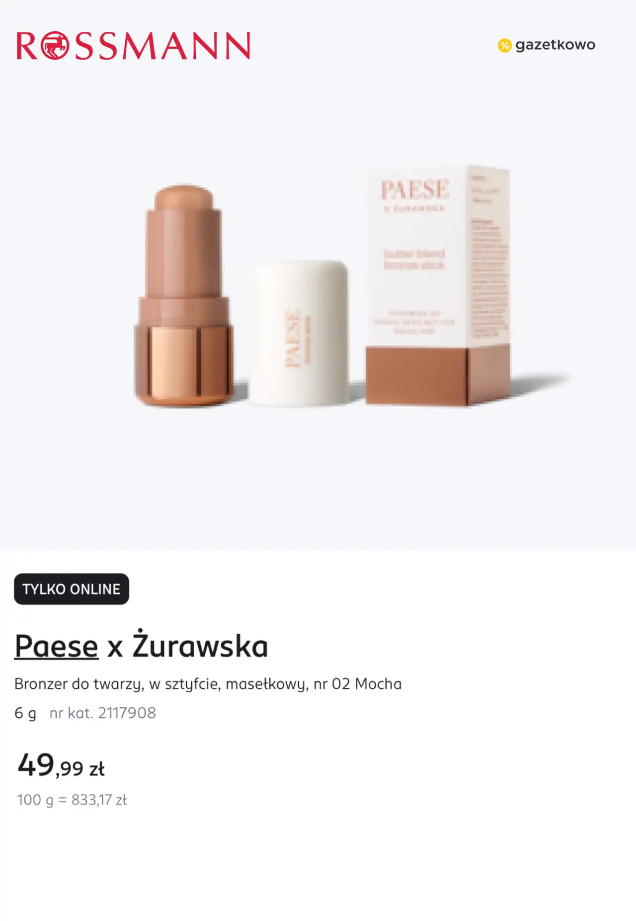 Paese x Żurawska Bronzer do twarzy, w sztyfcie, masełkowy, nr 02 Mocha