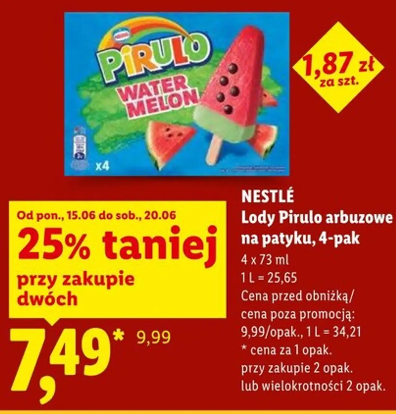 Nestlé Lody Pirulo arbuzowe na patyku, 4-pak