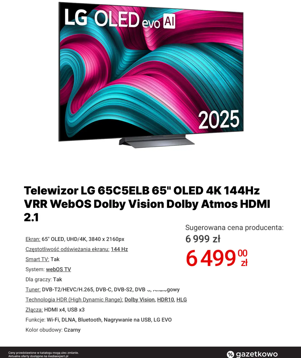 Telewizor LG 65C5ELB 65" OLED 4K 144Hz VRR WebOS Dolby Vision Dolby Atmos HDMI 2.1
