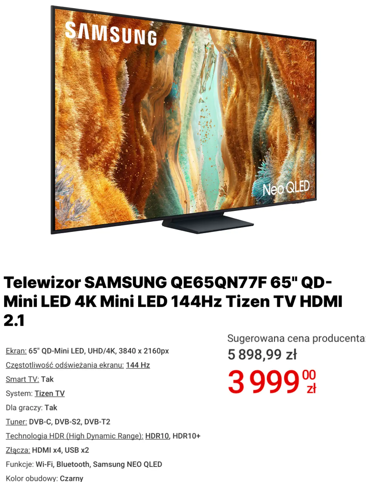 Telewizor SAMSUNG QE65QN77F 65" QD-Mini LED 4K Mini LED 144Hz Tizen TV HDMI 2.1