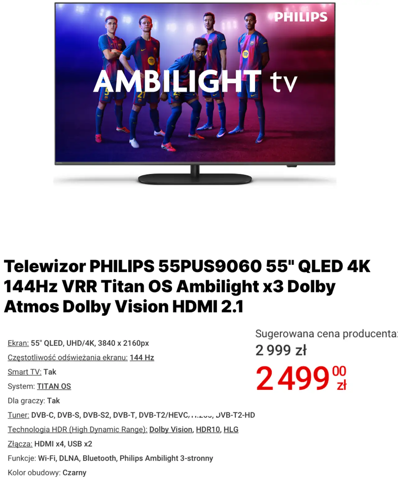 Telewizor PHILIPS 55PUS9060 55" QLED 4K 144Hz VRR Titan OS Ambilight x3 Dolby Atmos Dolby Vision HDMI 2.1