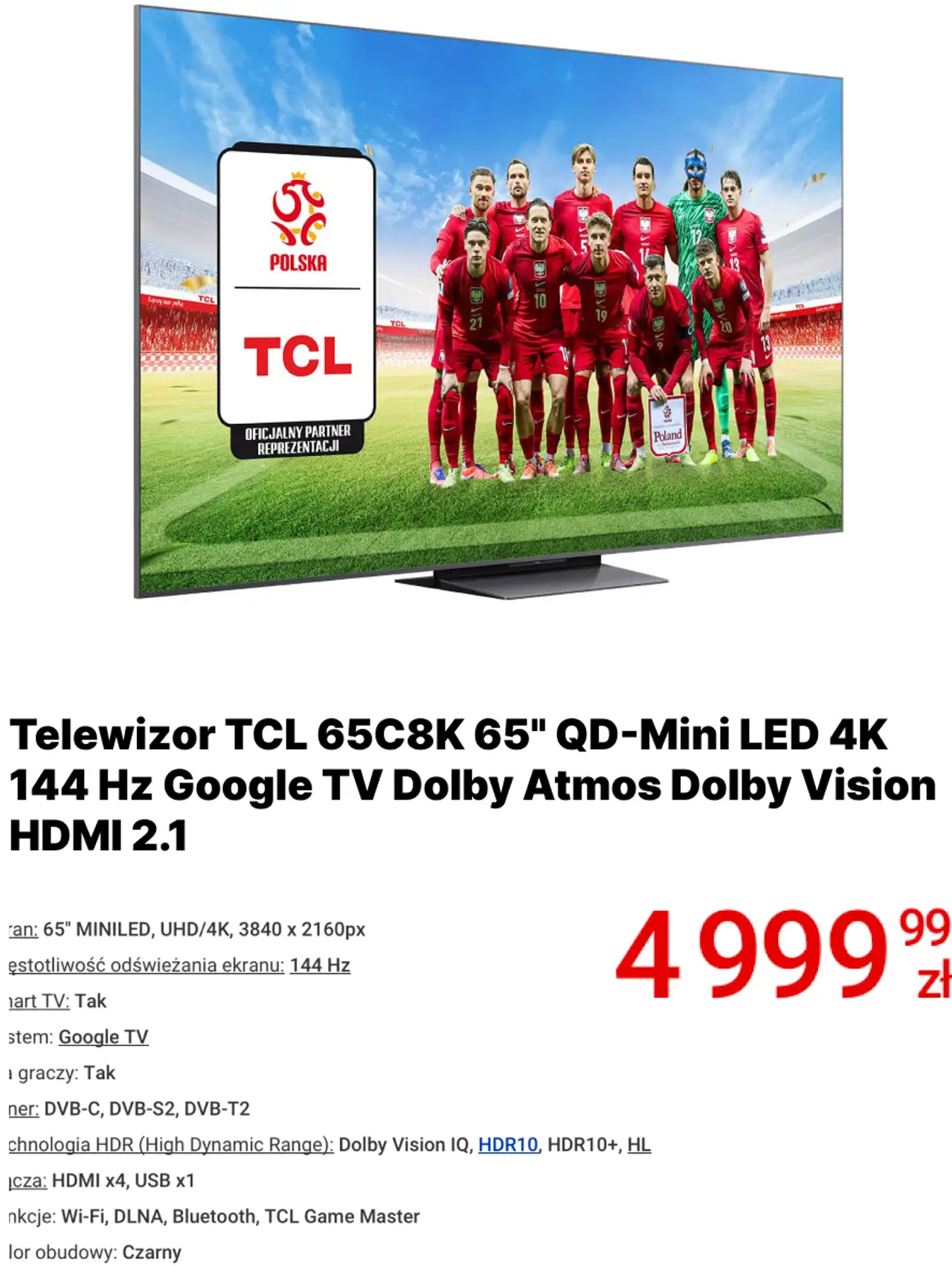 Telewizor TCL 65C8K 65" QD-Mini LED 4K 144 Hz Google TV Dolby Atmos Dolby Vision HDMI 2.1