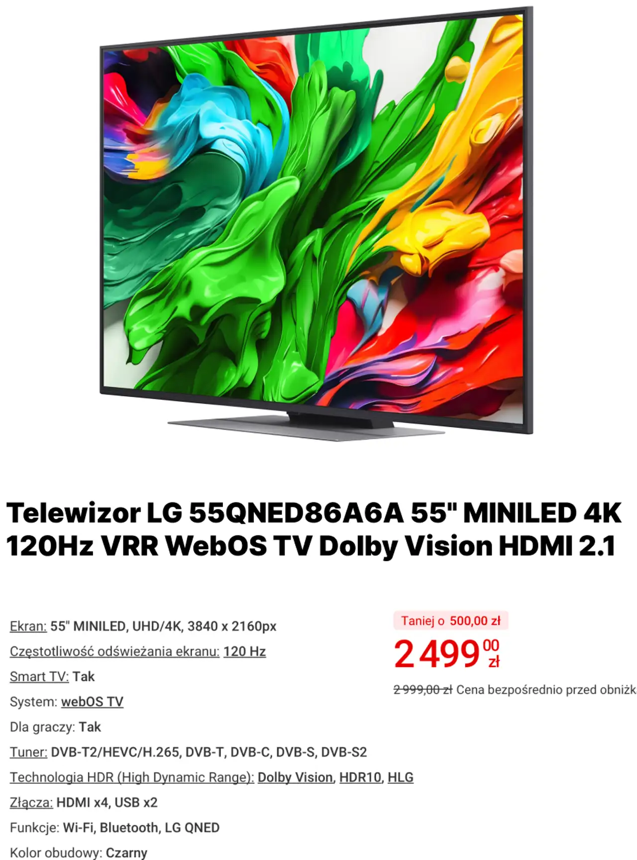 Telewizor LG 55QNED86A6A 55" MINILED 4K 120Hz VRR WebOS TV Dolby Vision HDMI 2.1