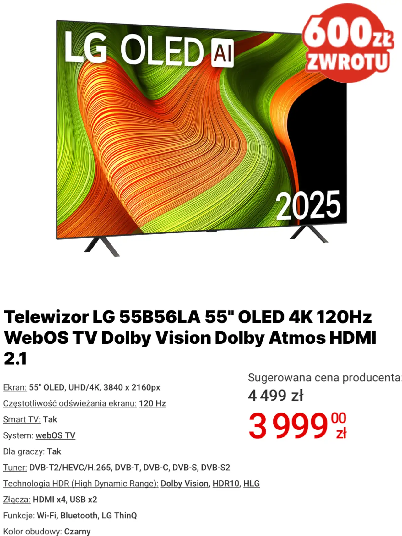 Telewizor LG 55B56LA 55" OLED 4K 120Hz WebOS TV Dolby Vision Dolby Atmos HDMI 2.1