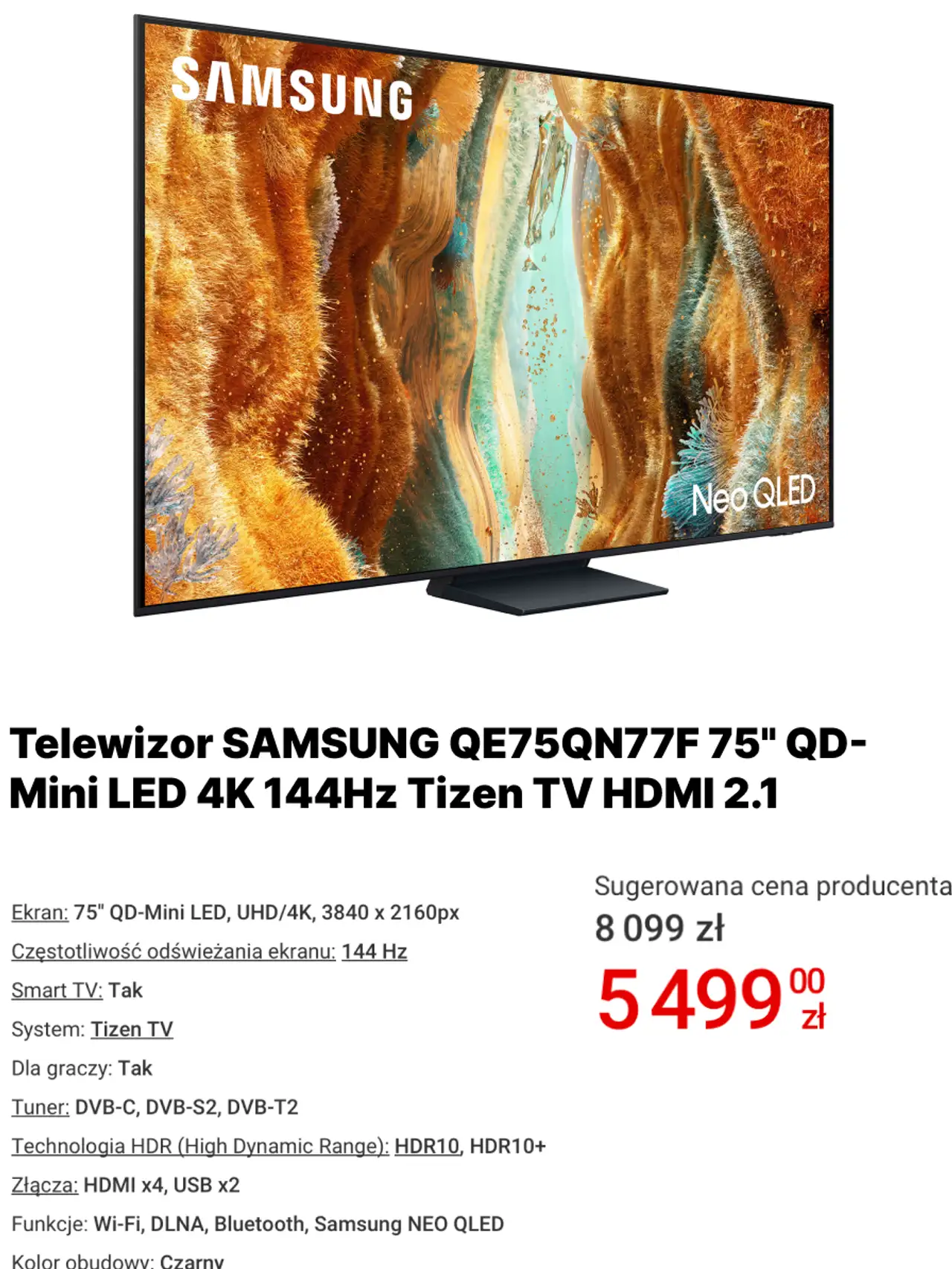 Telewizor SAMSUNG QE75QN77F 75" QD-Mini LED 4K 144Hz Tizen TV HDMI 2.1