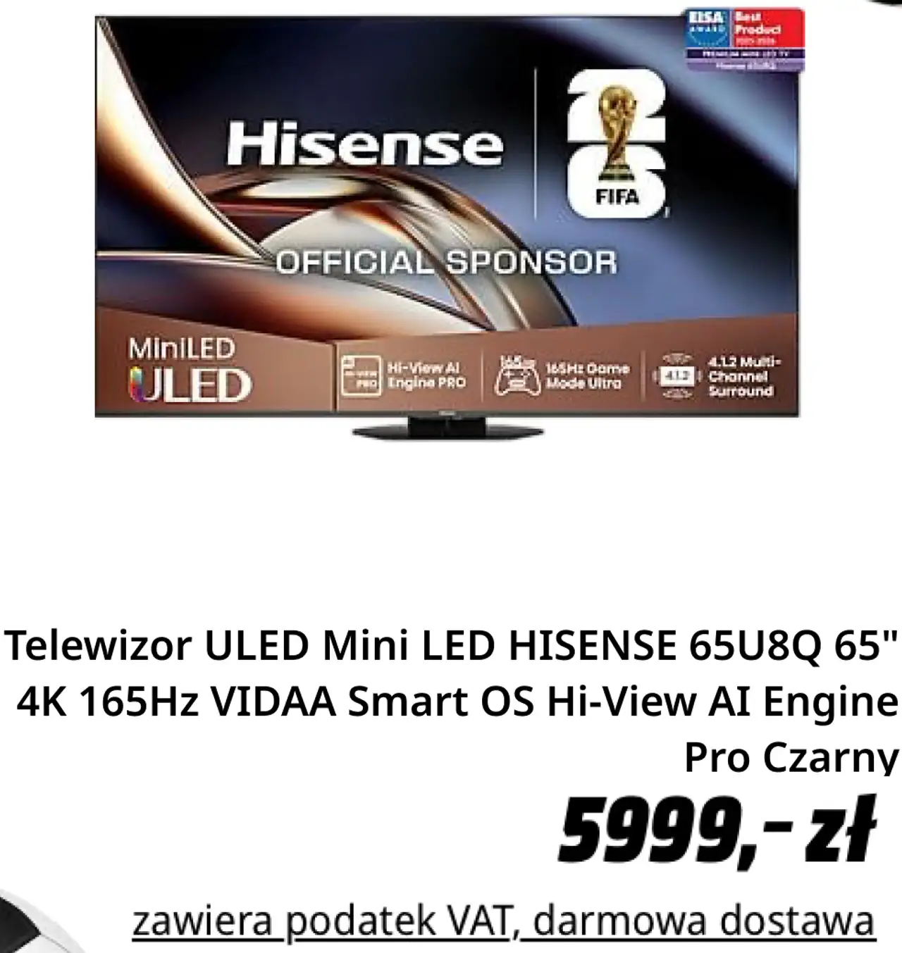 Telewizor ULED Mini LED HISENSE 65U8Q 65" 4K 165Hz VIDAA Smart OS Hi-View AI Engine Pro Czarny