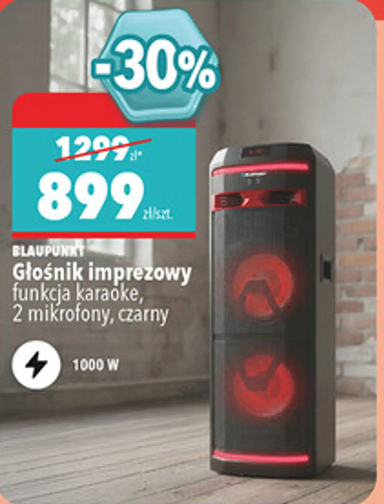 Głośnik imprezowy funkcja karaoke, 2 mikrofony, czarny