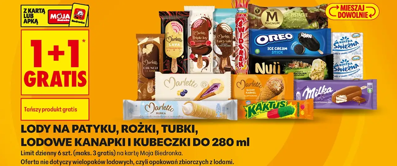 Lody na patyku, rożki, tubki, lodowe kanapki i kubeczki do 280 ml Marletto, Oreo, Milka, Kaktus