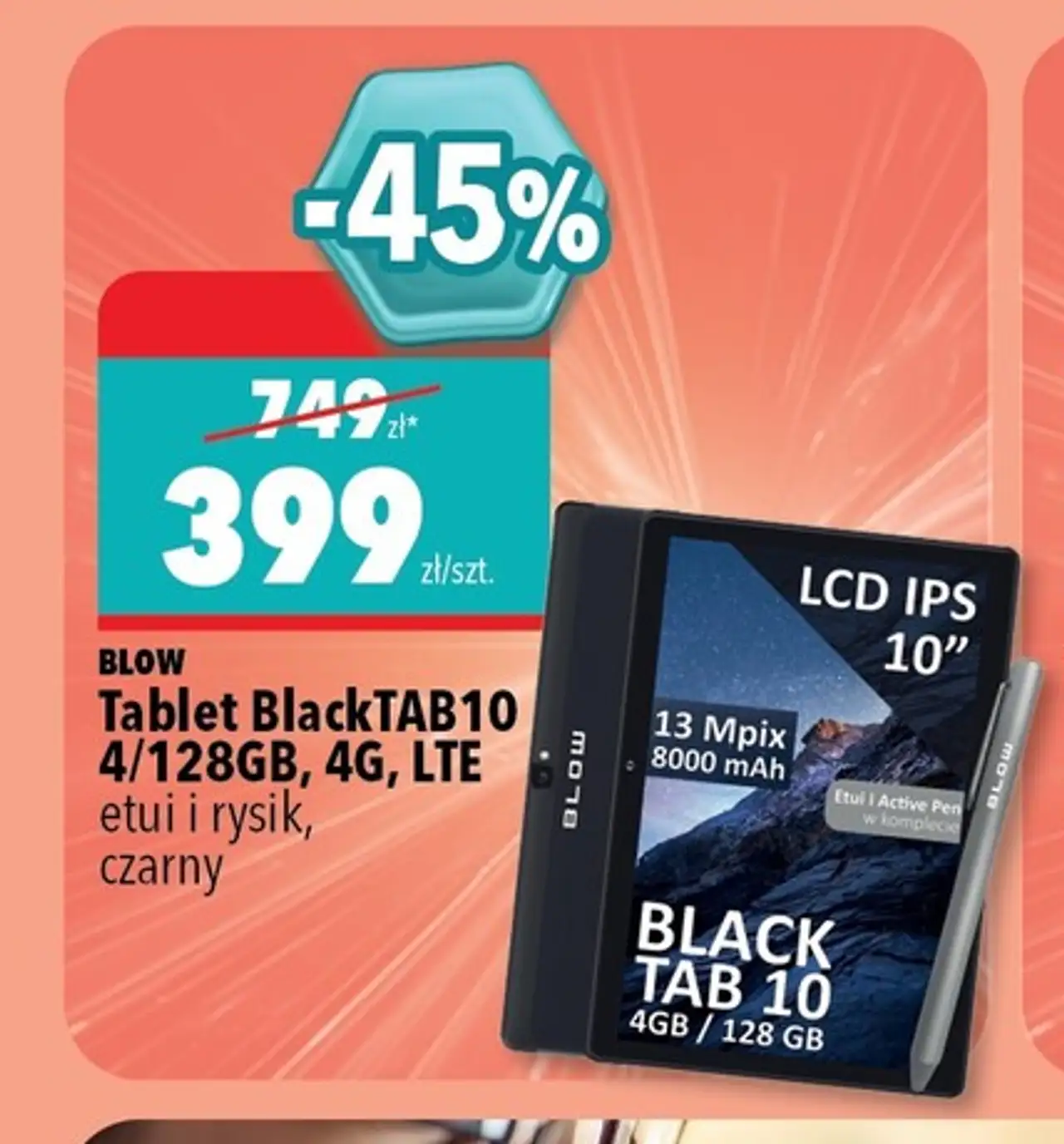 Blow Tablet BlackTab10 4/128GB, 4G, LTE etui i rysik, czarny