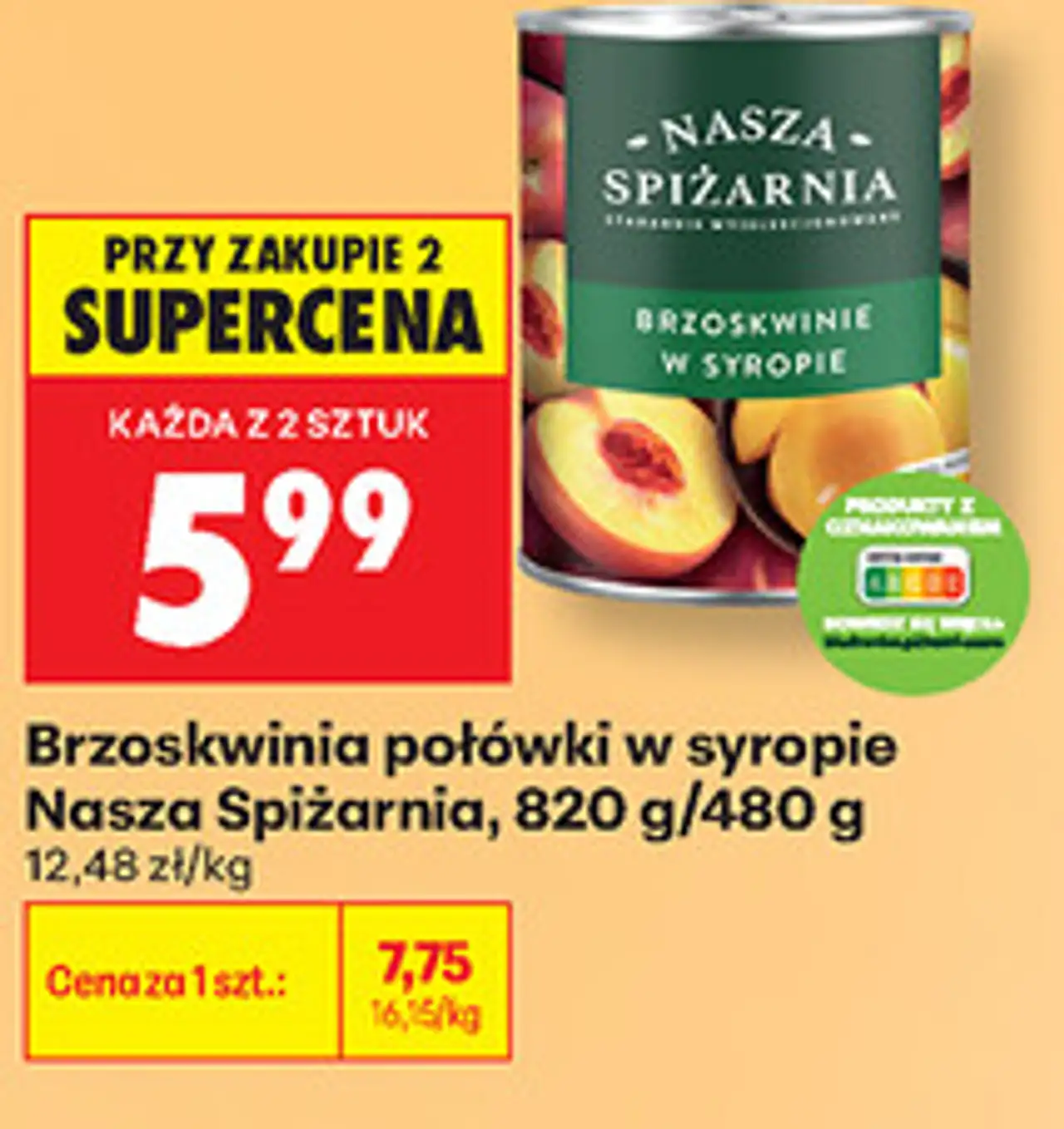 Brzoskwinia połówki w syropie Nasza Spiżarnia, 820 g/480 g