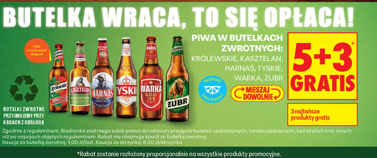 Piwa w butelkach zwrotnych Królewskie, Kasztelan, Harnaś, Tyskie, Warka, Żubr