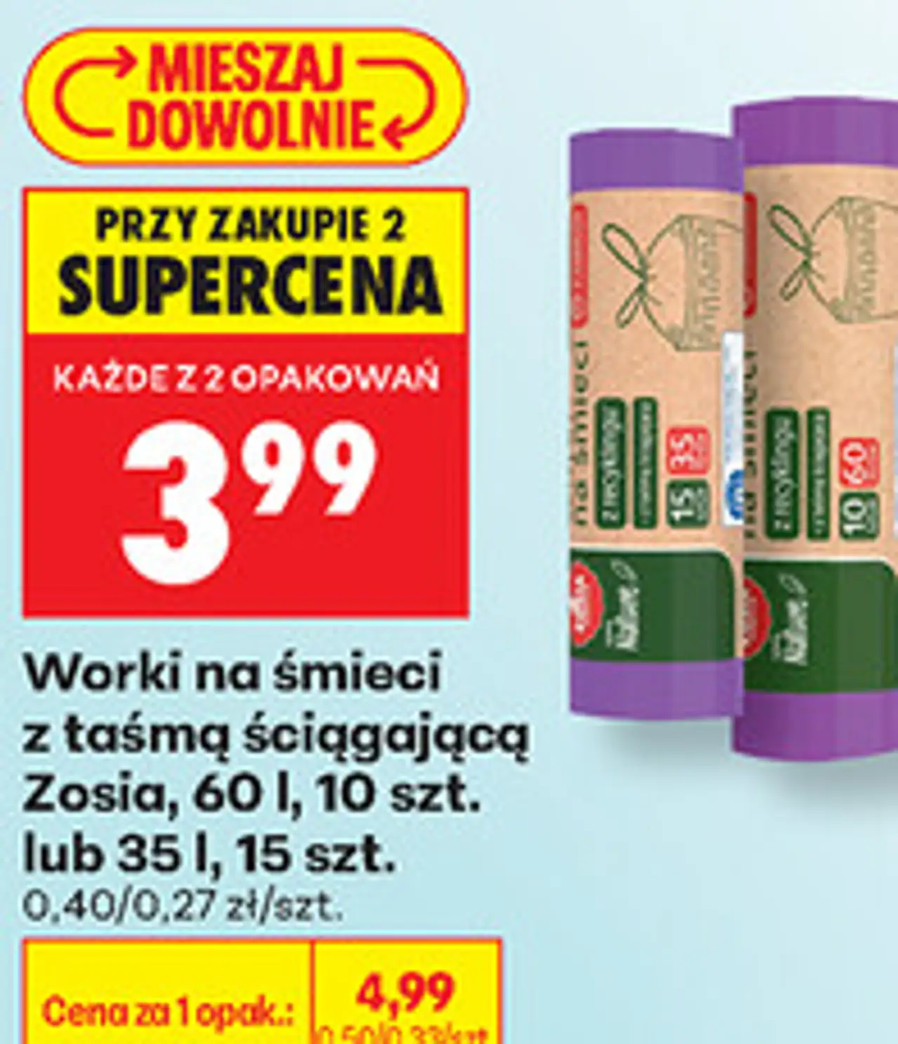 Worki na śmieci z taśmą ściągającą Zosia, 60 l, 10 szt. lub 35 l, 15 szt.