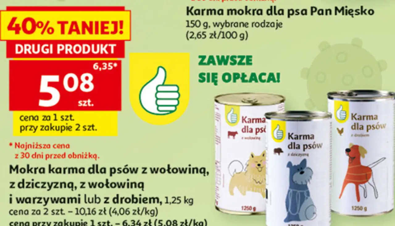 Mokra karma dla psów z wołowiną, z dziczyzną, z wołowiną i warzywami lub z drobiem