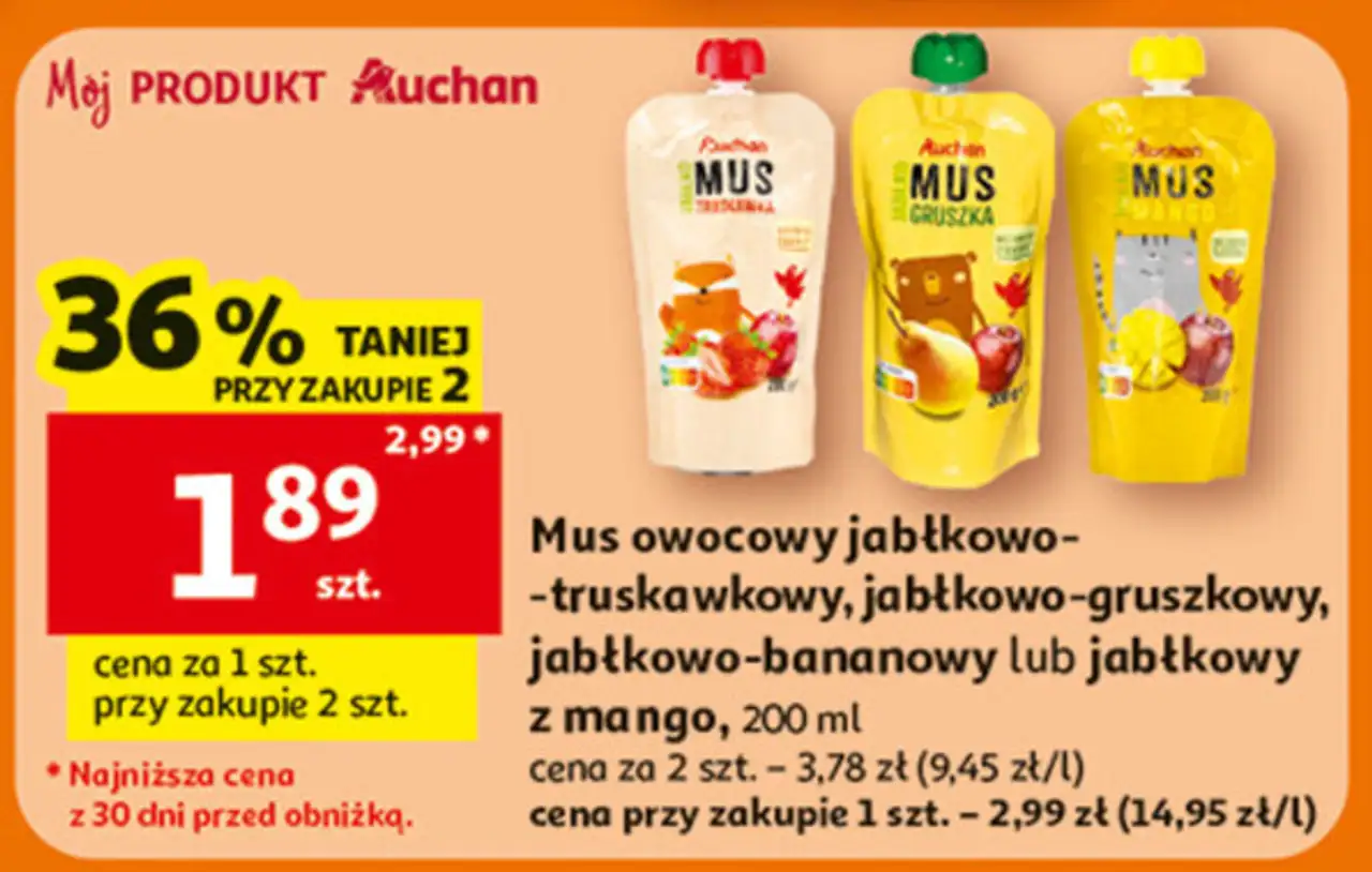 Mus owocowy jabłkowo-truskawkowy, jabłkowo-gruszkowy, jabłkowo-bananowy lub jabłkowy z mango, 200 ml