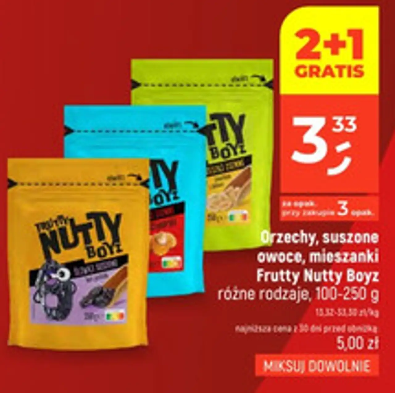 Orzechy, suszone owoce, mieszanki Frutty Nutty Boyz, różne rodzaje