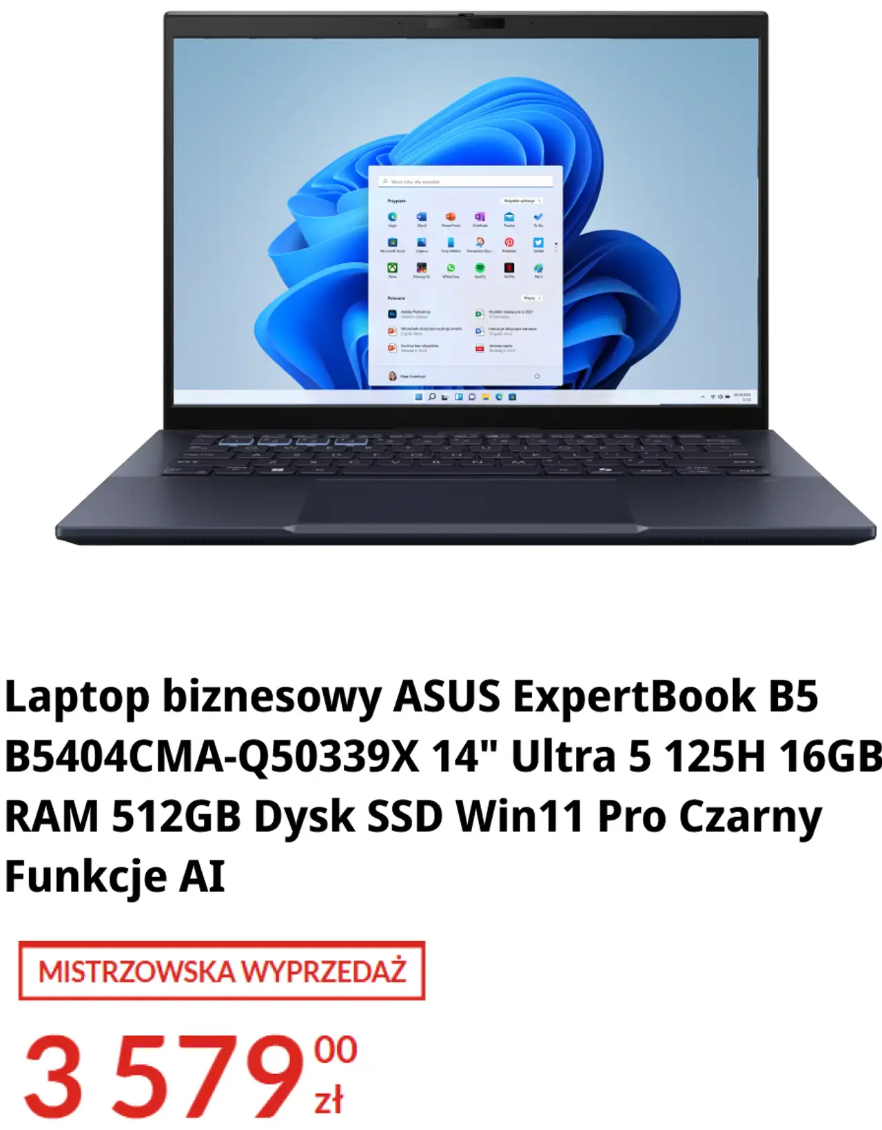 Laptop biznesowy ASUS ExpertBook B5 B5404CMA-Q50339X 14" Ultra 5 125H 16GB RAM 512GB Dysk SSD Win11 Pro Czarny Funkcje AI