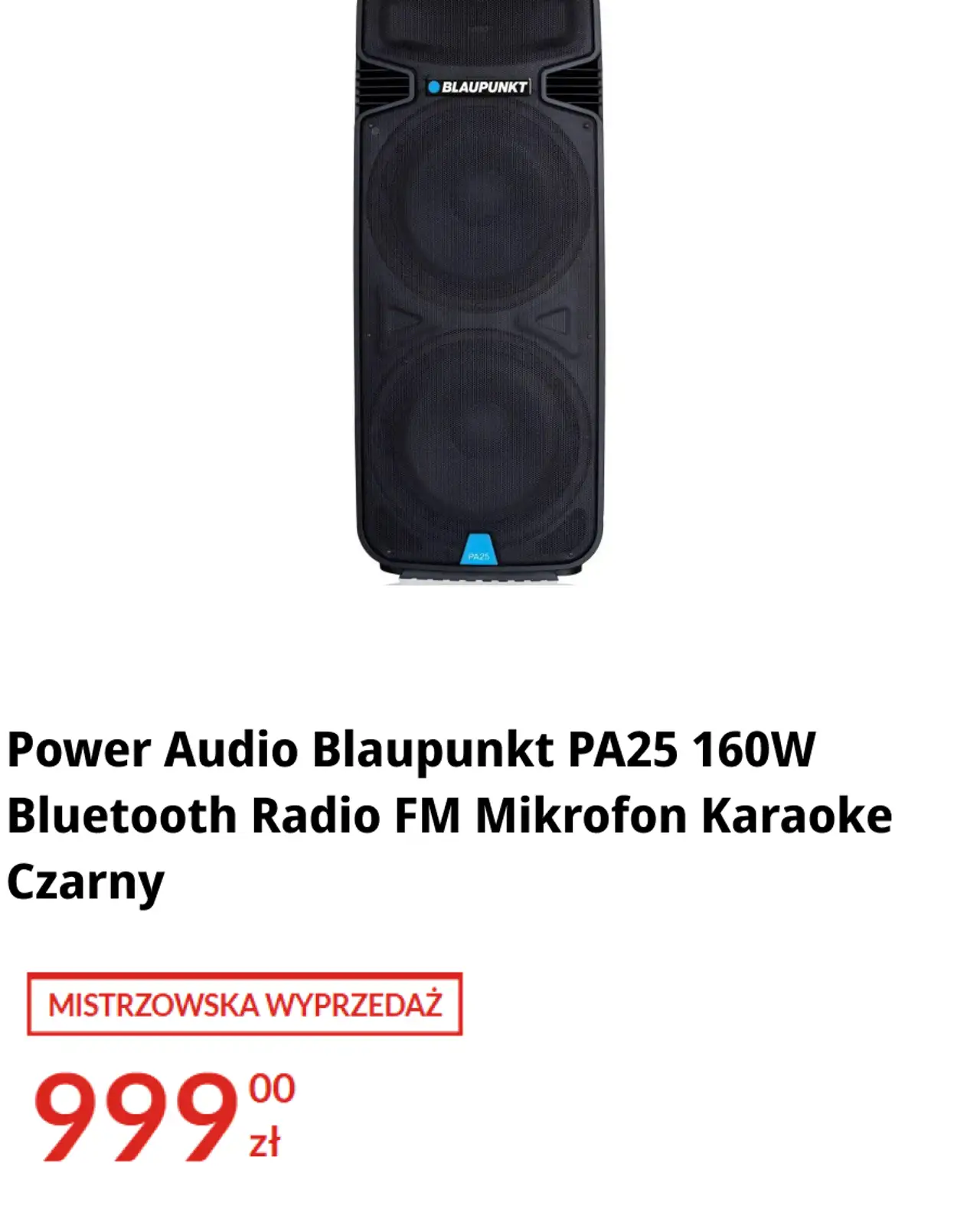 Power Audio Blaupunkt PA25 160W Bluetooth Radio FM Mikrofon Karaoke Czarny