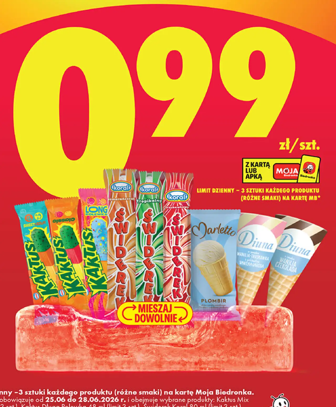 Wybrane lody w rożku i na patyku (Kaktus, Świdrek, Marletto, Diuna)