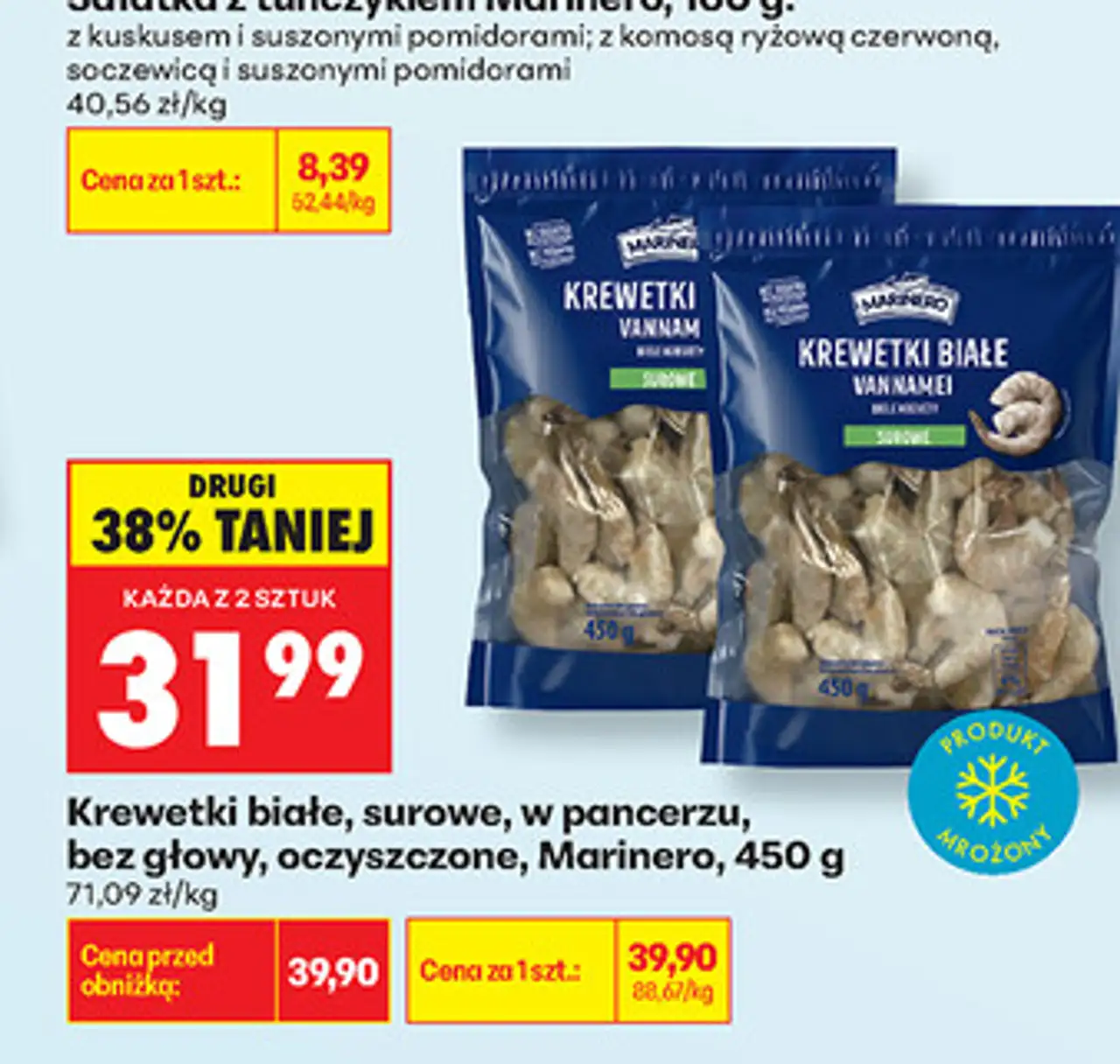 Krewetki białe, surowe, w pancerzu, bez głowy, oczyszczone, Marinero, 450 g