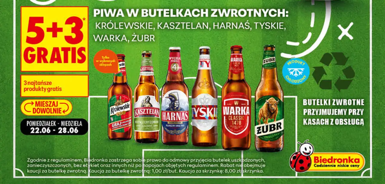 Piwa w butelkach zwrotnych: Królewskie, Kasztelan, Harnaś, Tyskie, Warka, Żubr