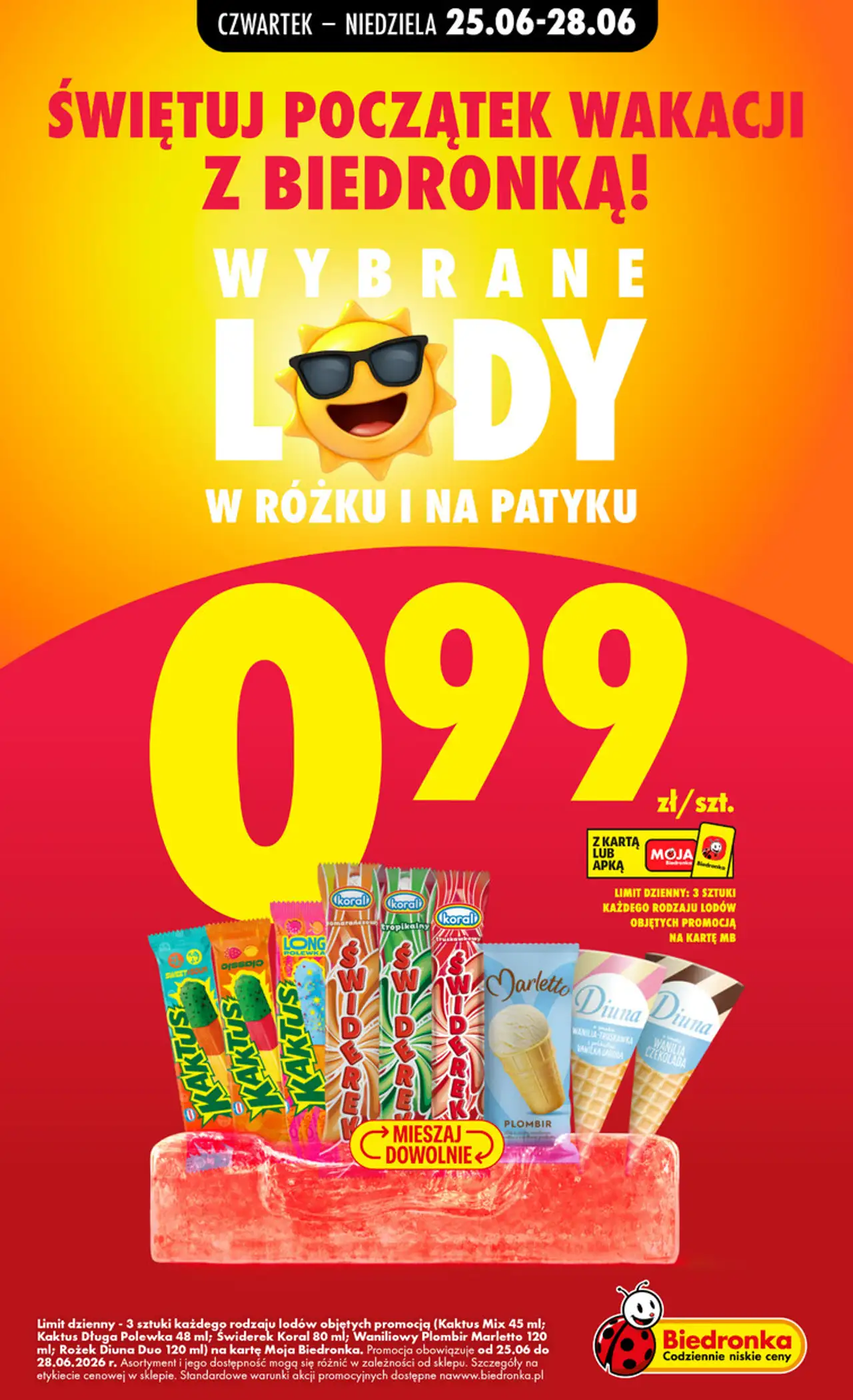Wybrane lody w rożku i na patyku (Kaktus, Świderek Koral, Marletto Plombir, Rożek Diuna Duo)
