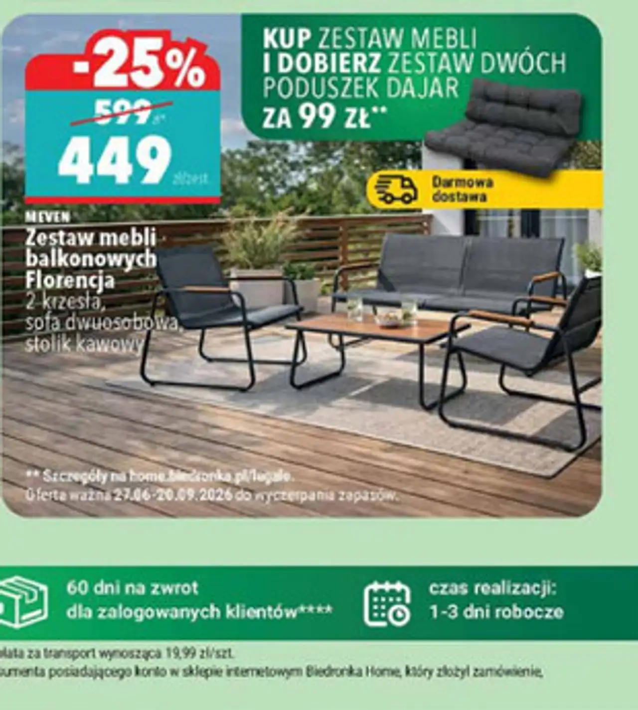 Meven Zestaw mebli balkonowych Florencja 2 krzesła, sofa dwuosobowa, stolik kawowy