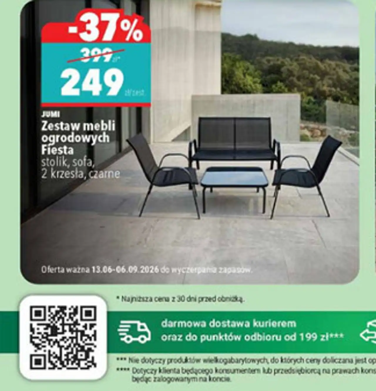 Jumi Zestaw mebli ogrodowych Fiesta stolik, sofa, 2 krzesła, czarne