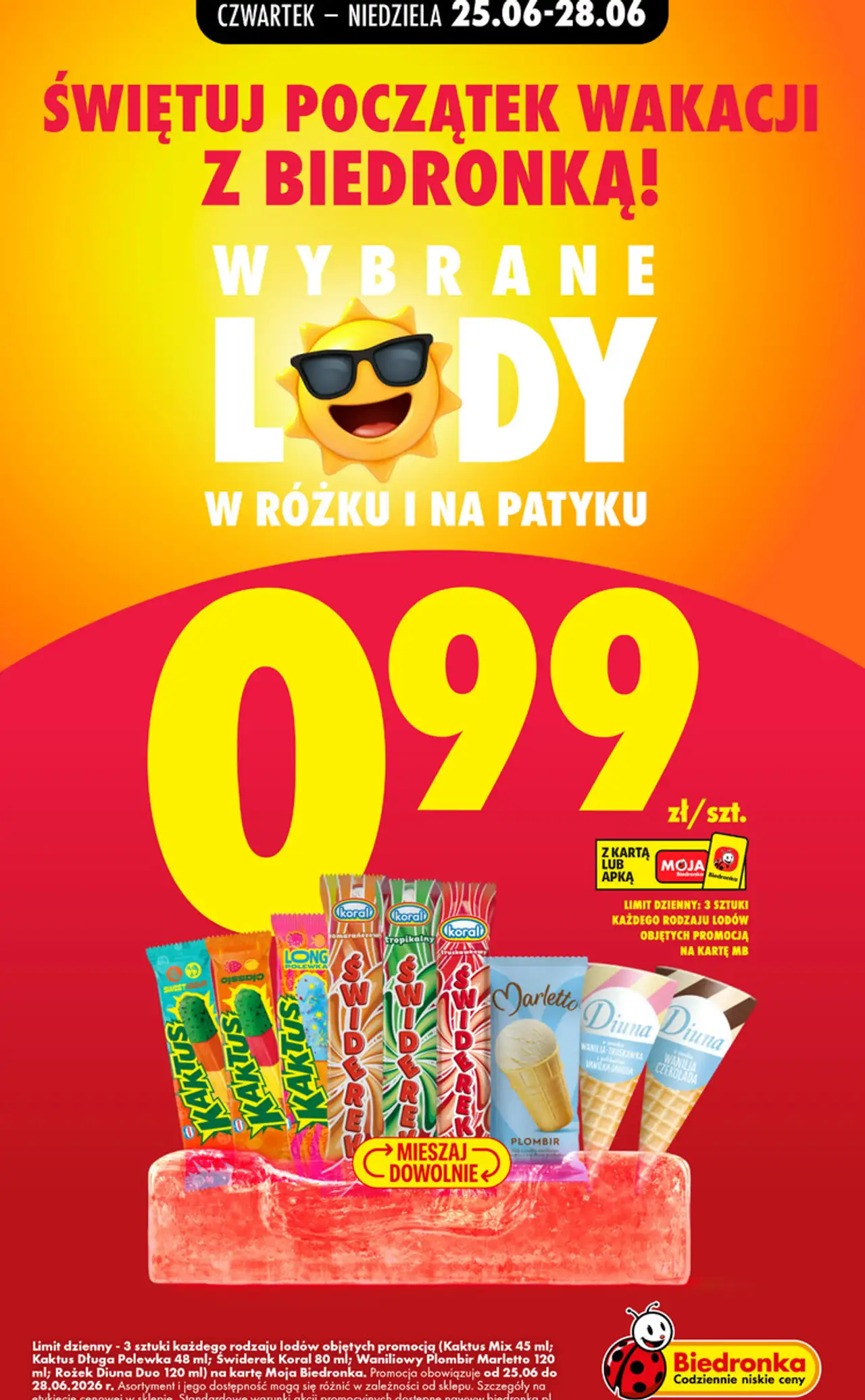 Wybrane lody w rożku i na patyku (Kaktus, Świderek Koral, Marletto, Diuna)