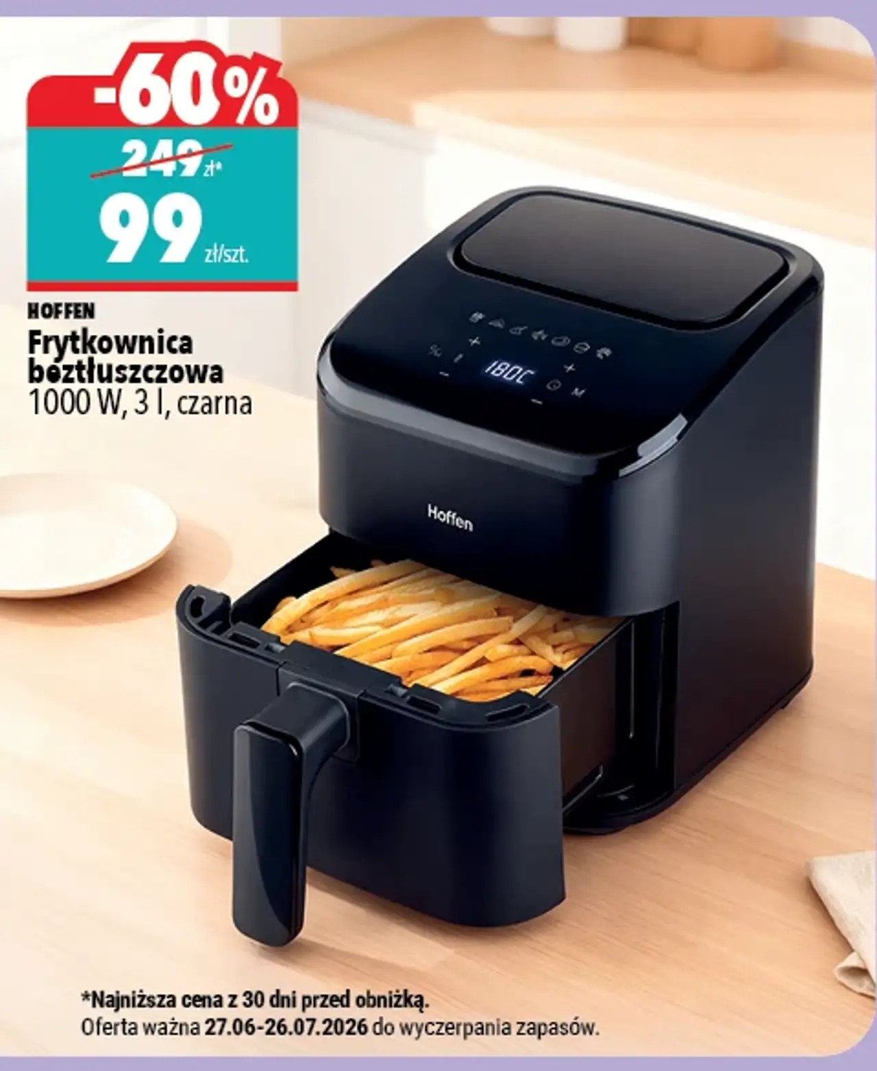 Hoffen Frytkownica beztłuszczowa 1000 W, 3 l, czarna