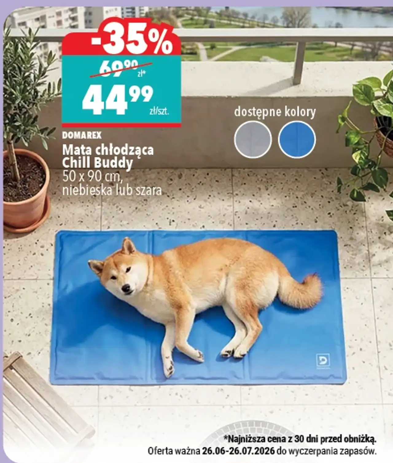 Domarex Mata chłodząca Chill Buddy 50 x 90 cm, niebieska lub szara
