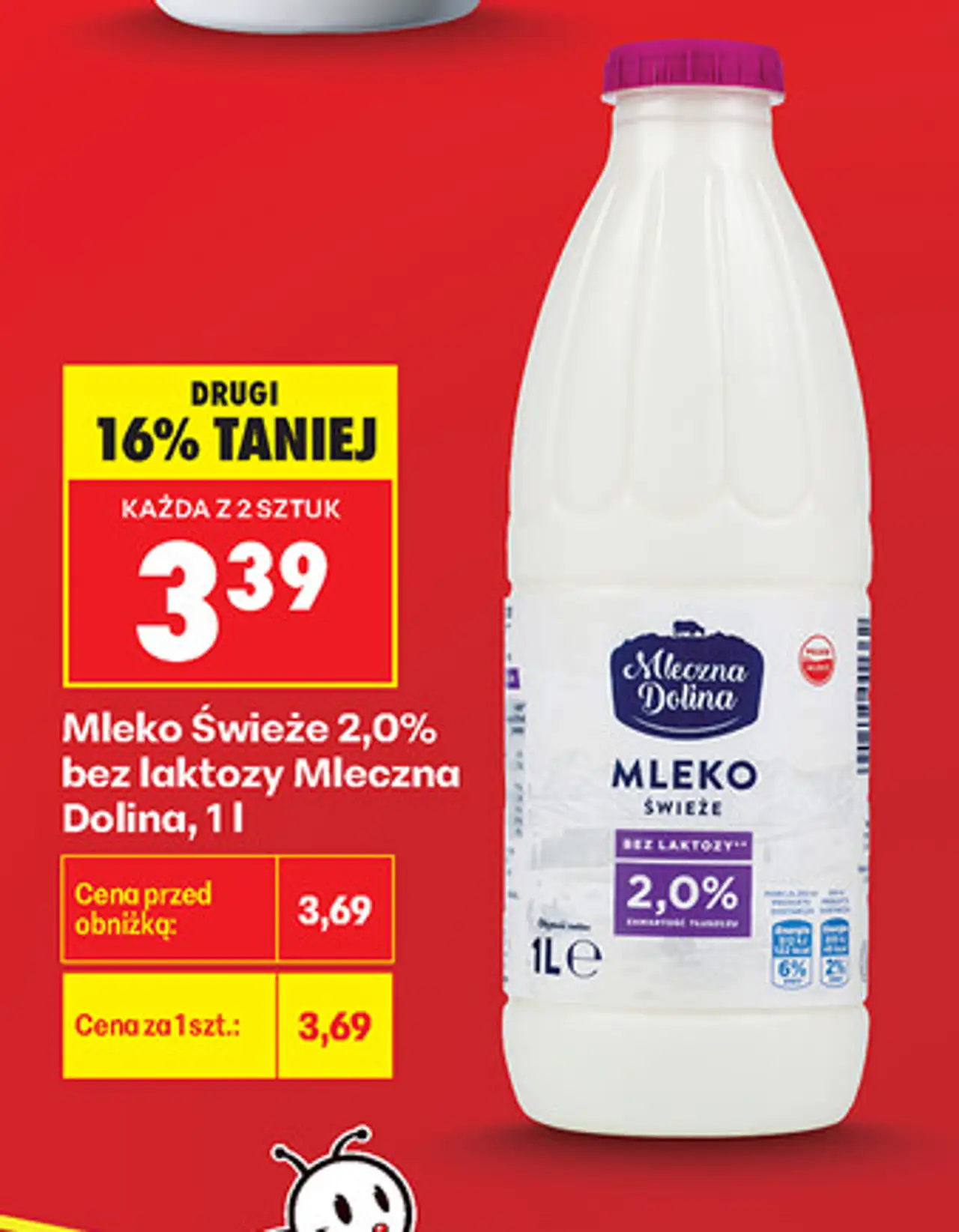 Mleko Świeże 2,0% bez laktozy Mleczna Dolina, 1 l