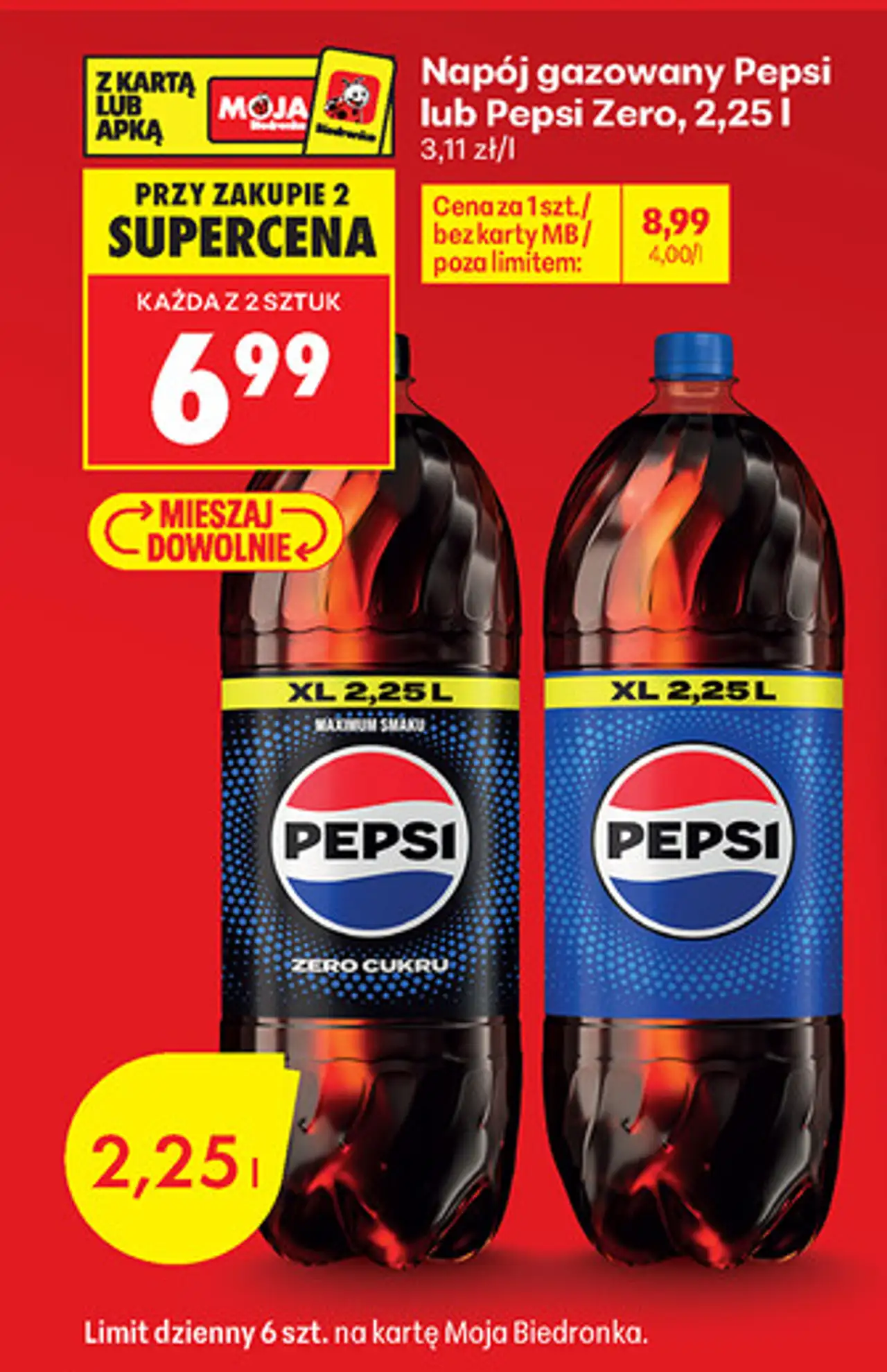 Napój gazowany Pepsi lub Pepsi Zero, 2,25 l