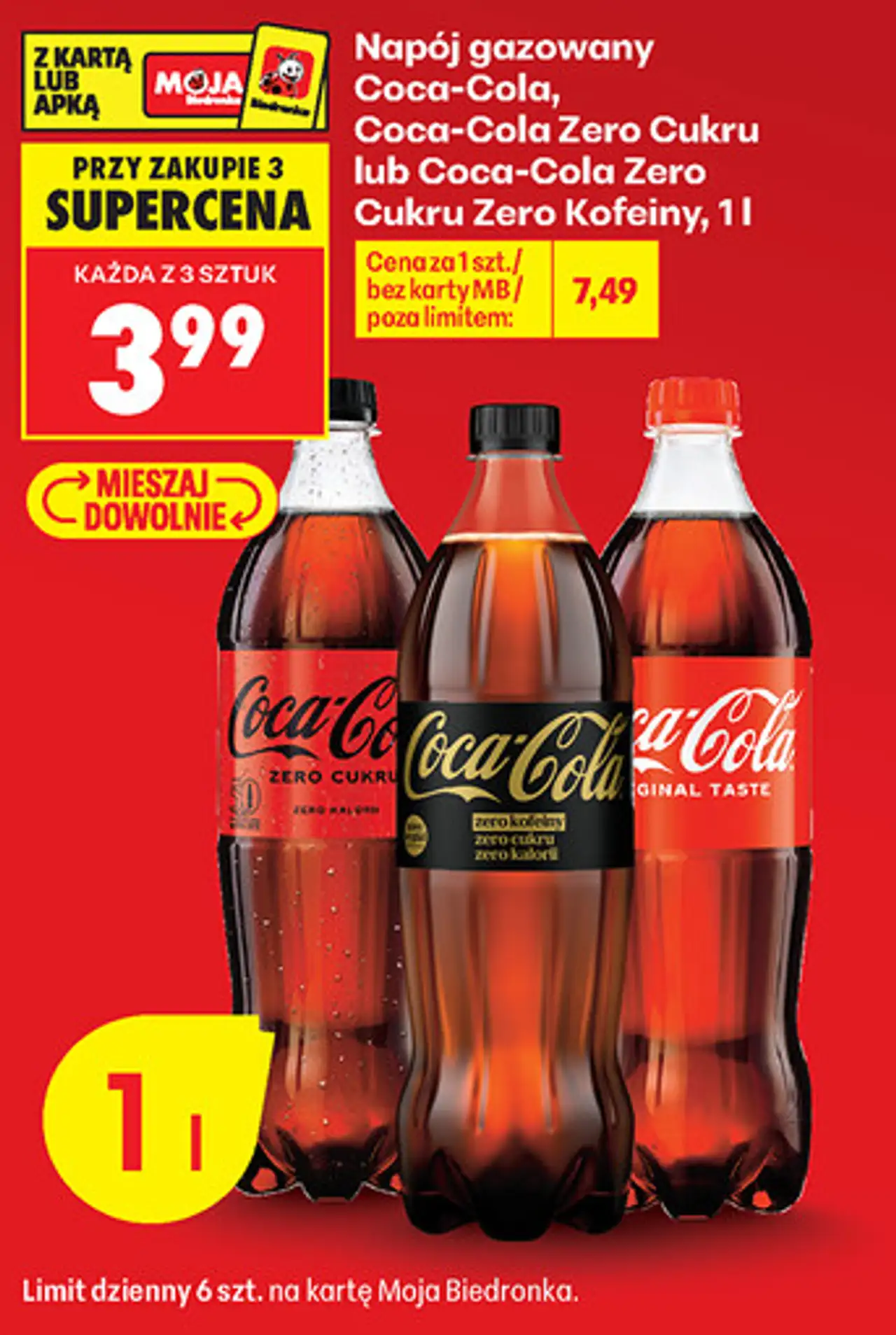 Napój gazowany Coca-Cola, Coca-Cola Zero Cukru lub Coca-Cola Zero Cukru Zero Kofeiny, 1 l