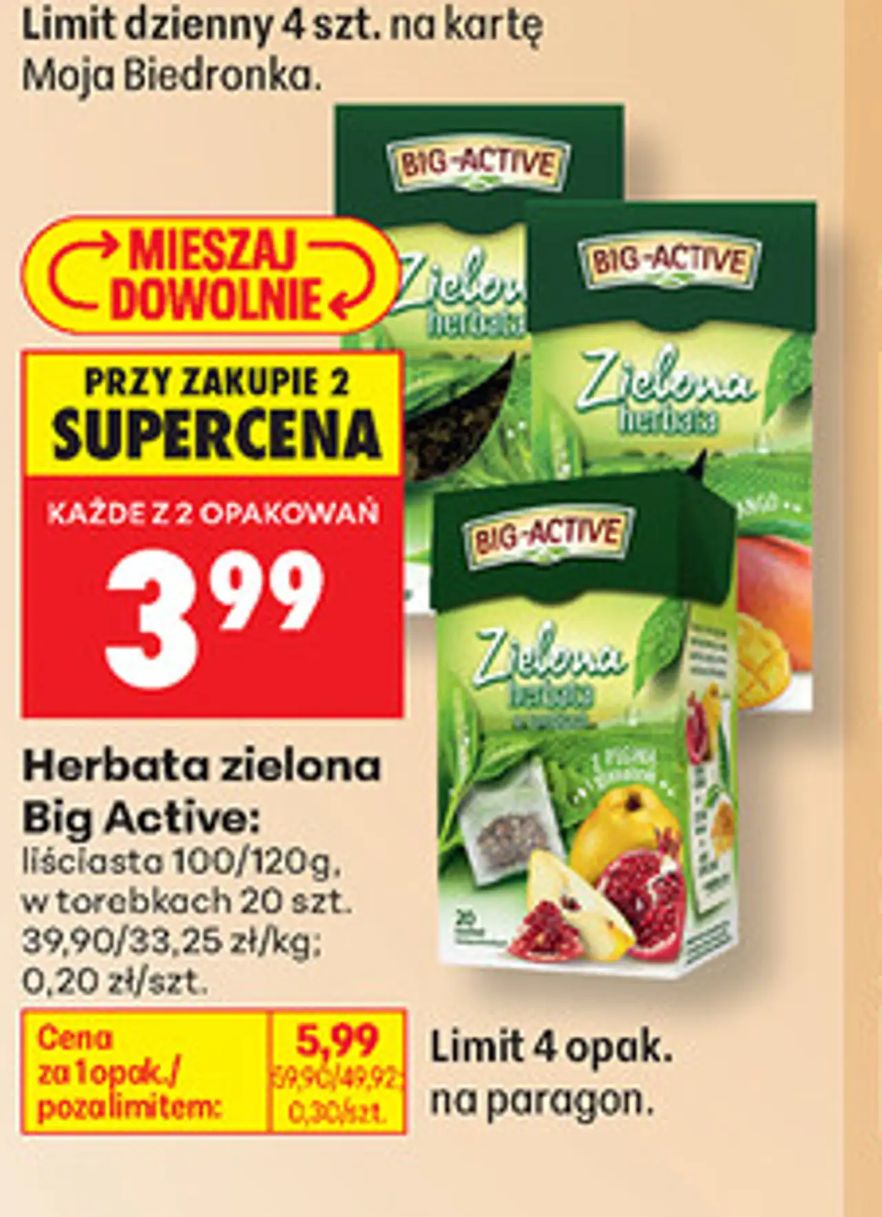 Herbata zielona Big Active: liściasta 100/120g, w torebkach 20 szt.