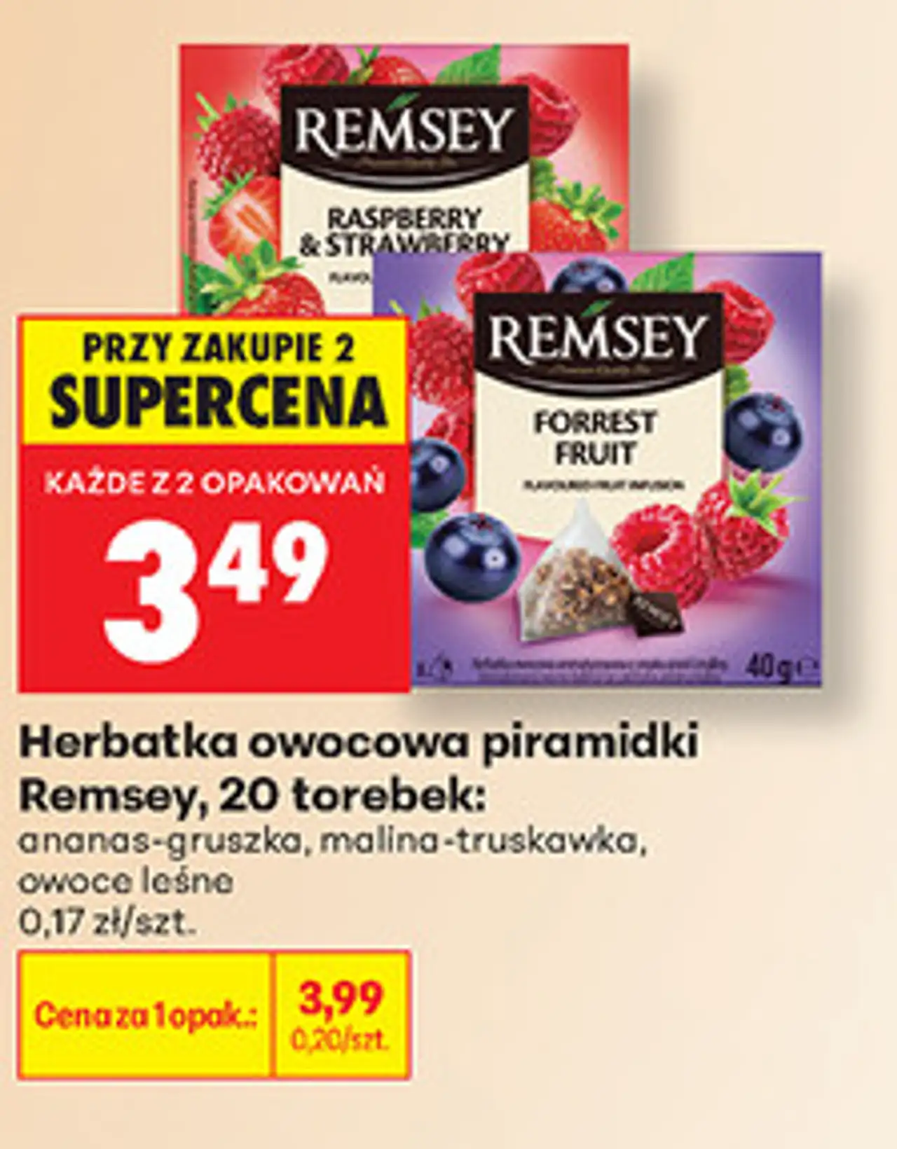 Herbatka owocowa piramidki Remsey, 20 torebek: ananas-gruszka, malina-truskawka, owoce leśne