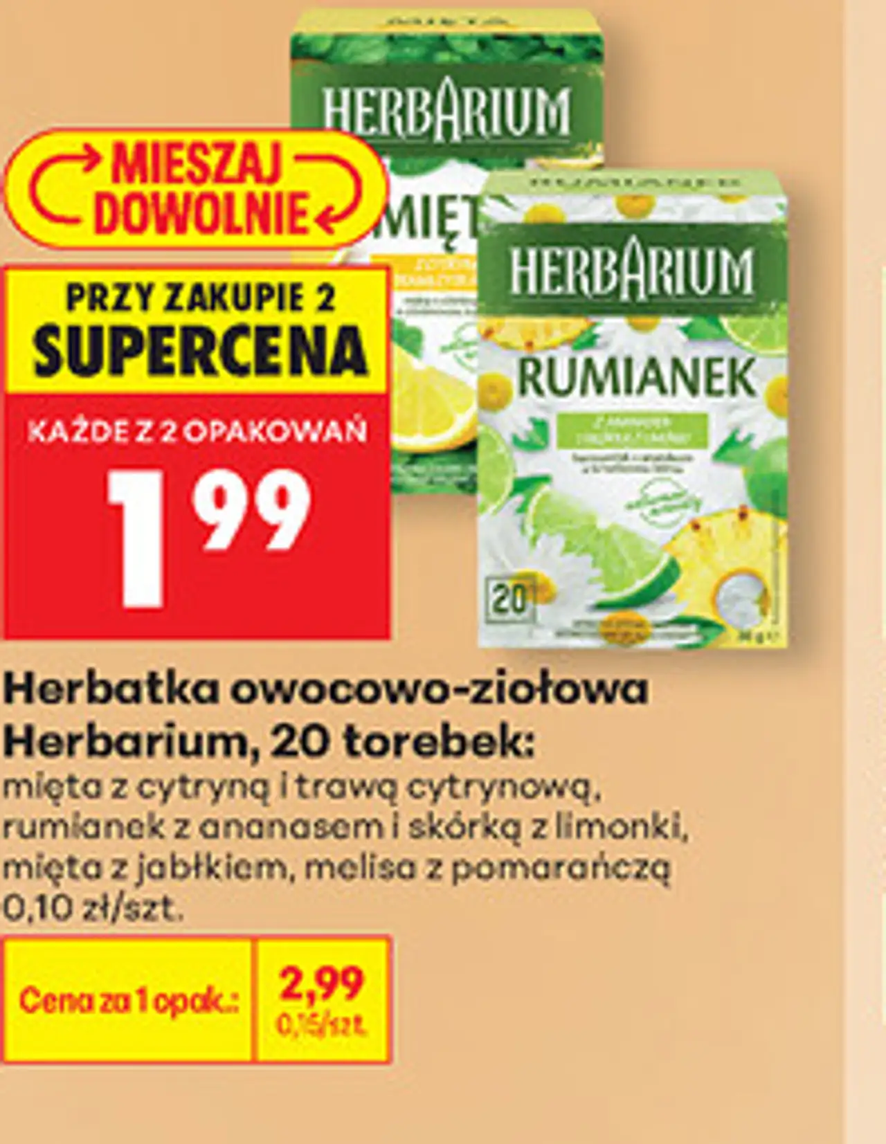 Herbatka owocowo-ziołowa Herbarium, 20 torebek: mięta z cytryną i trawą cytrynową, rumianek z ananasem i skórką z limonki, mięta z jabłkiem, melisa z pomarańczą