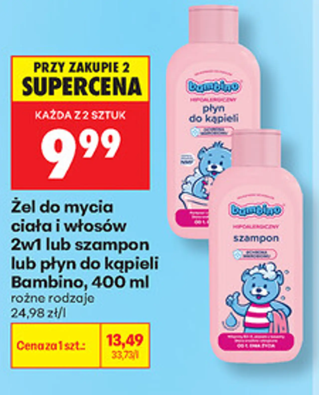Żel do mycia ciała i włosów 2w1 lub szampon lub płyn do kąpieli Bambino, 400 ml
