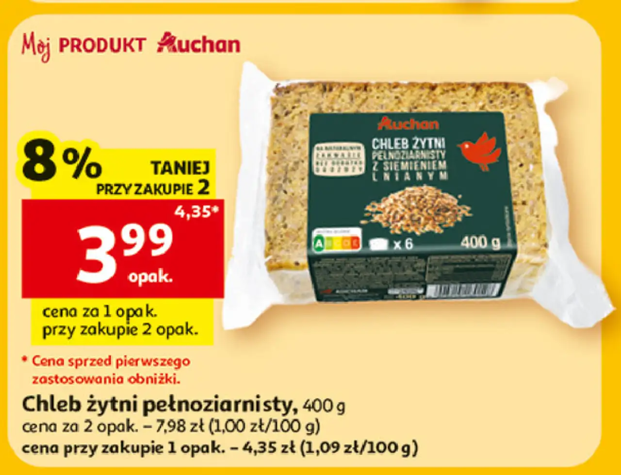 Chleb żytni pełnoziarnisty Auchan Różnorodne (Logo Czerwone)