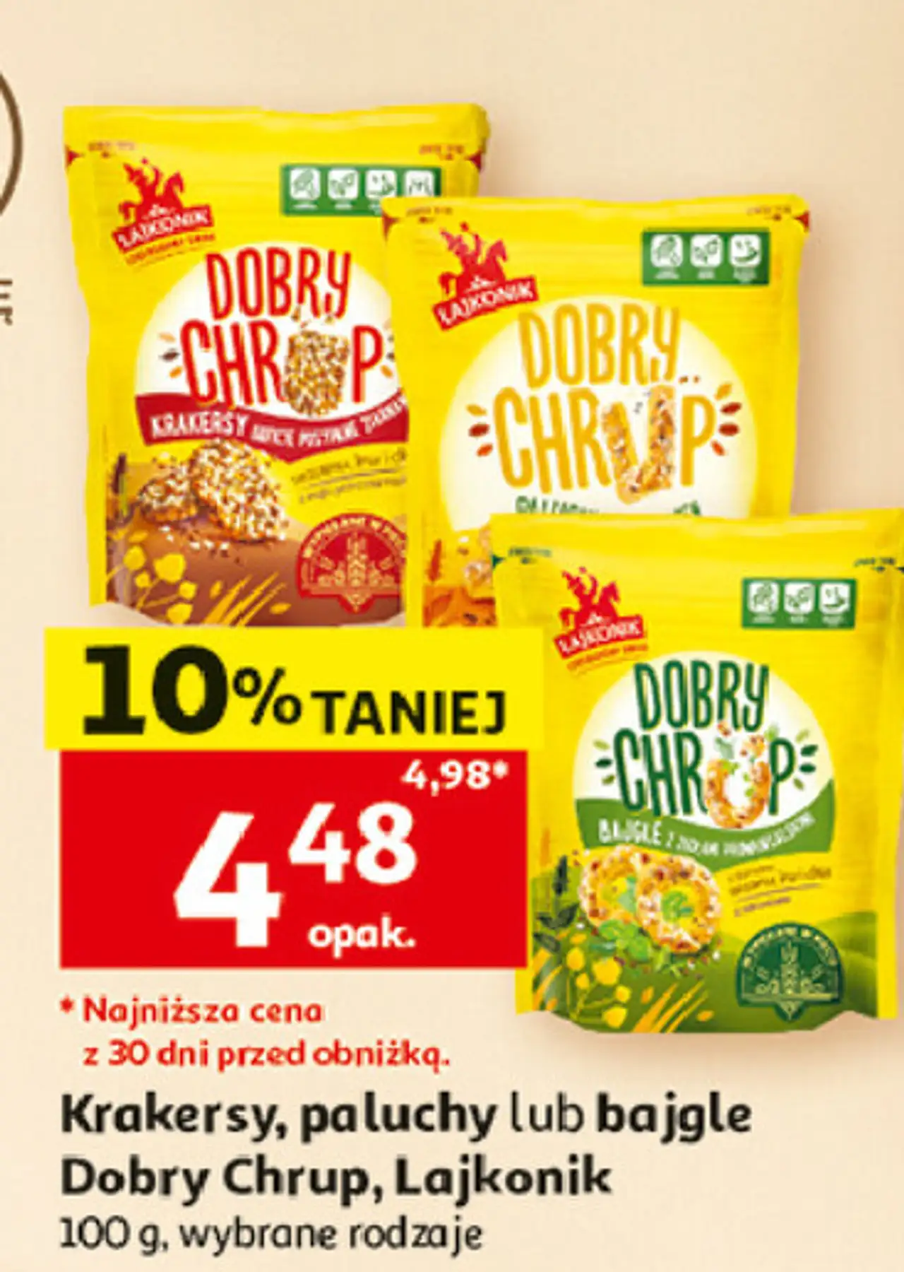 Krakersy obficie posypane ziarnami sezamu lnu i chia Lajkonik Dobry Chrup