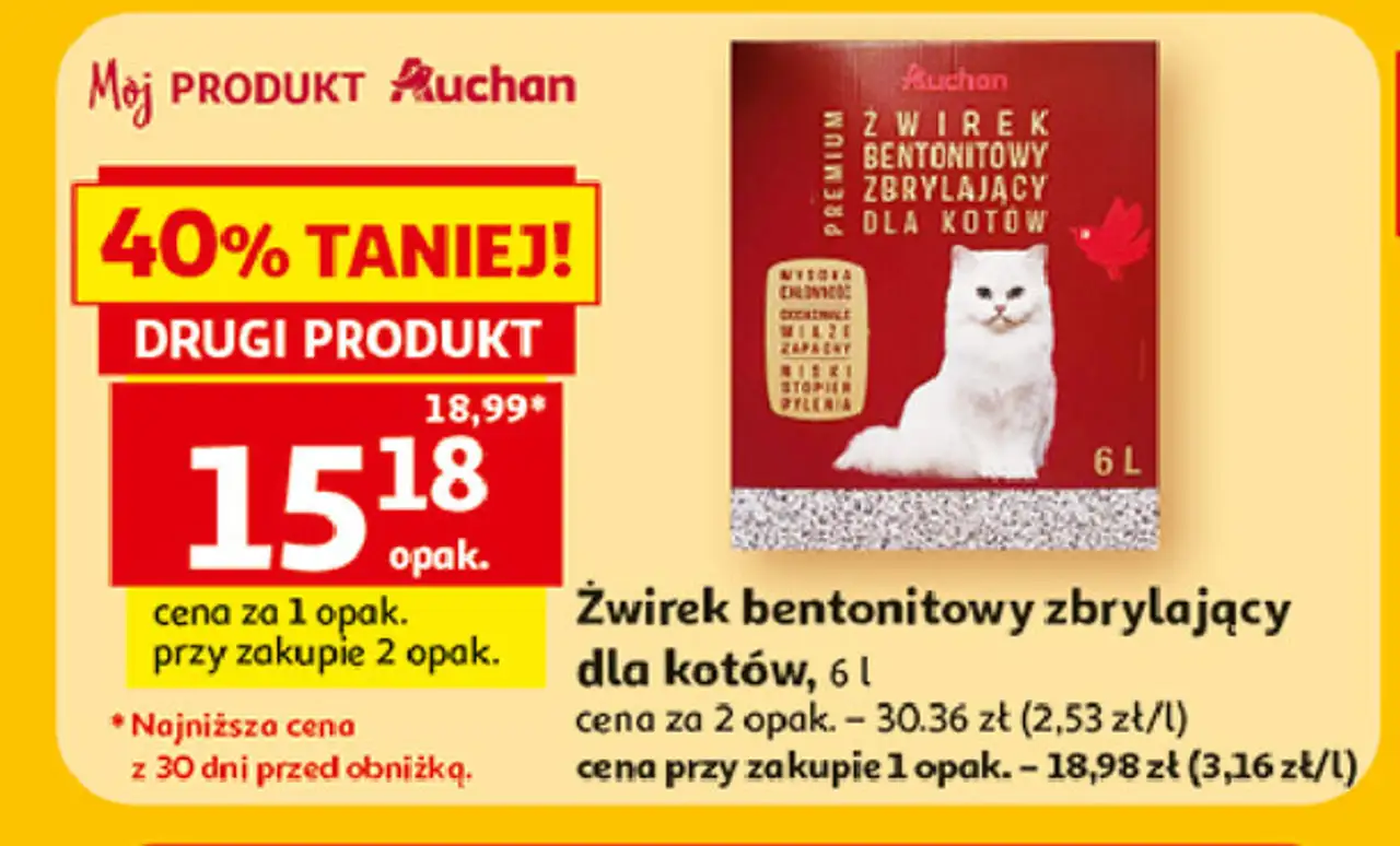 Żwirek bentonitowy zbrylający dla kotów Auchan Różnorodne (Logo Czerwone)