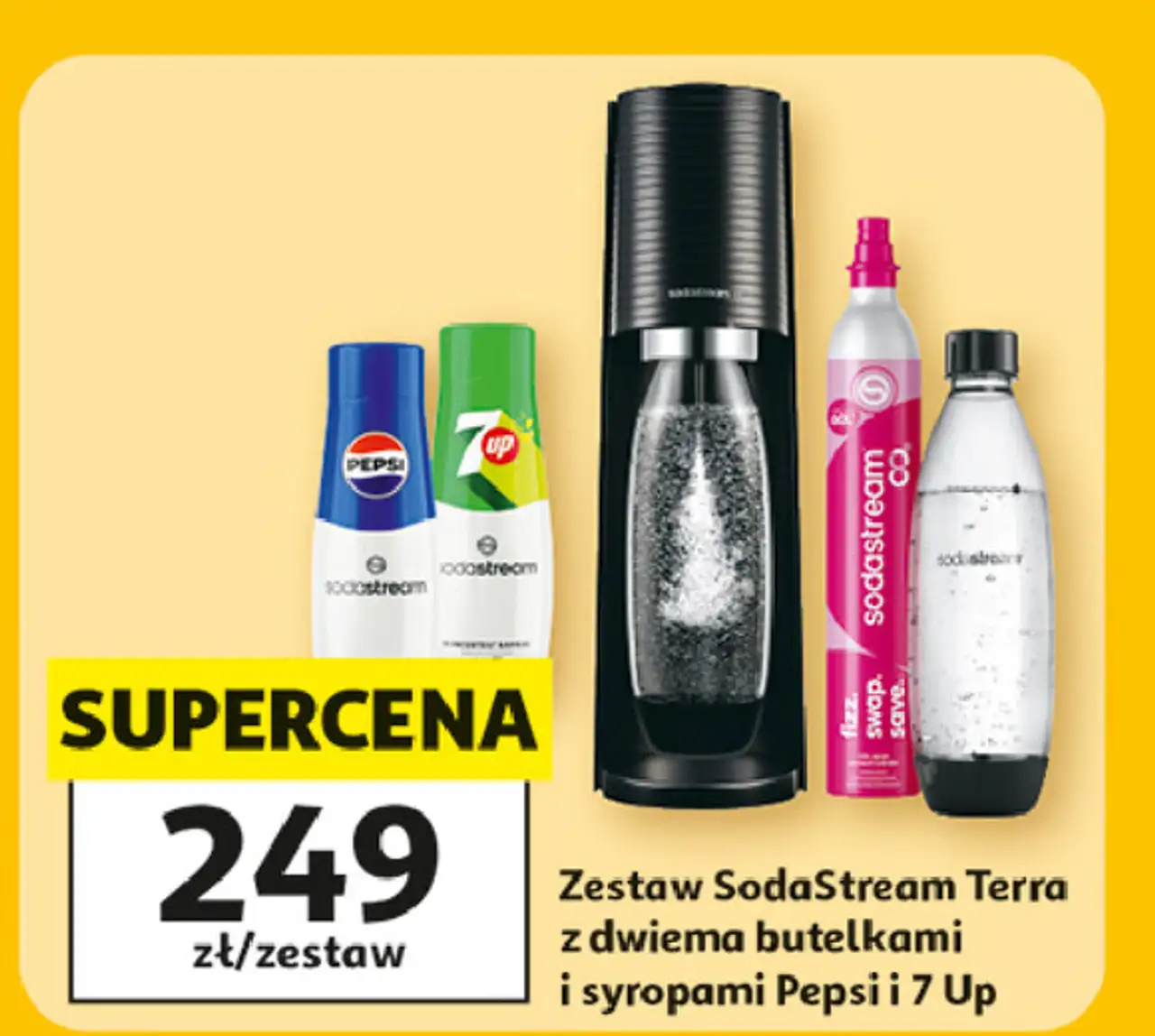 Zestaw: urządzenie terra black + 2x butelki 1l 1 cylinder syrop pepsi 7up Sodastream