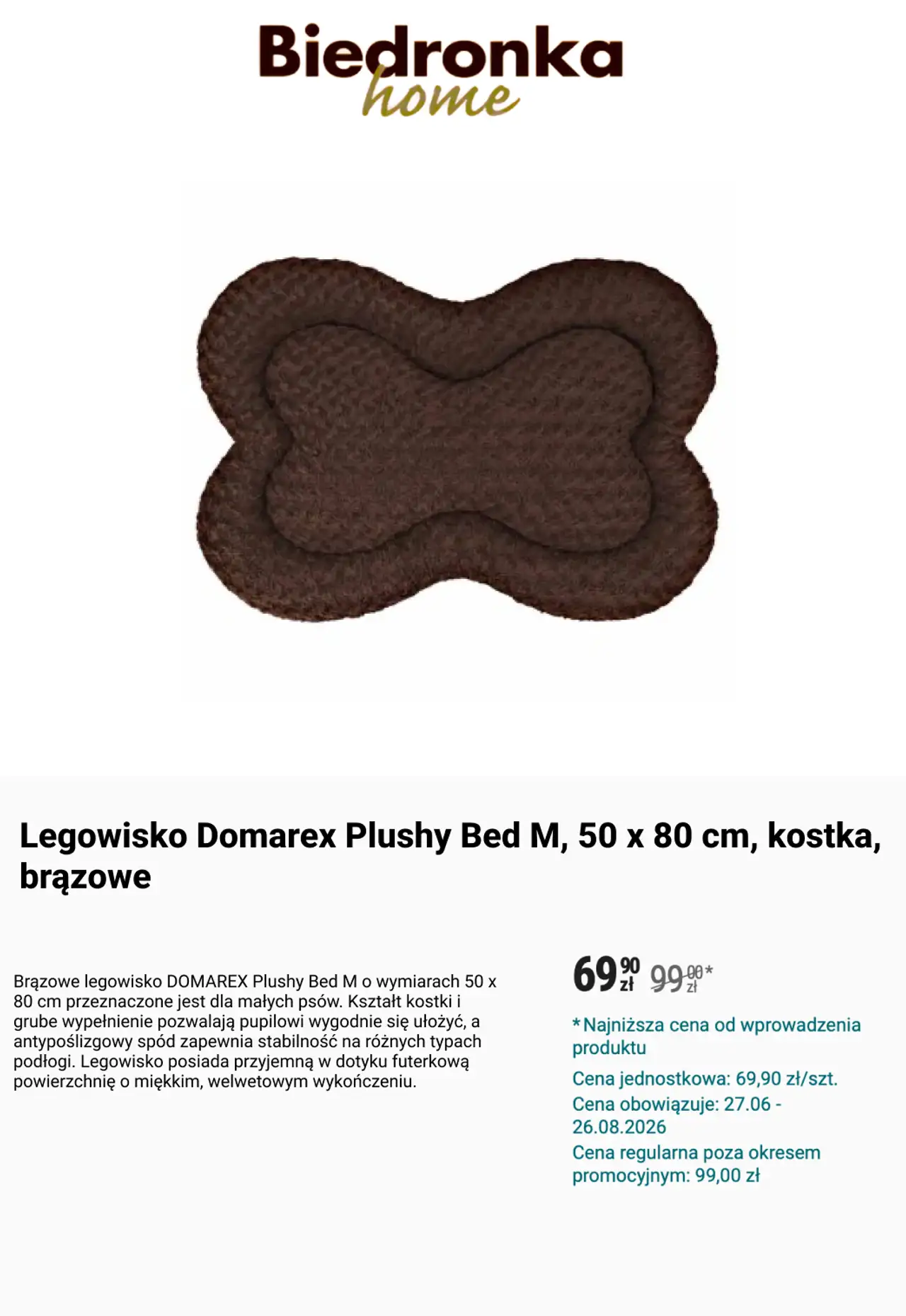 Legowisko Domarex Plushy Bed M, 50 x 80 cm, kostka, brązowe